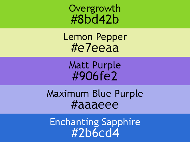 a block of five horizontal color swatches in Overgrowth (#8bd42b), Lemon Pepper (#e7eeaa), Matt Purple (#906fe2), Maximum Blue Purple (#aaaeee), and Enchanting Sapphire (#2b6cd4).