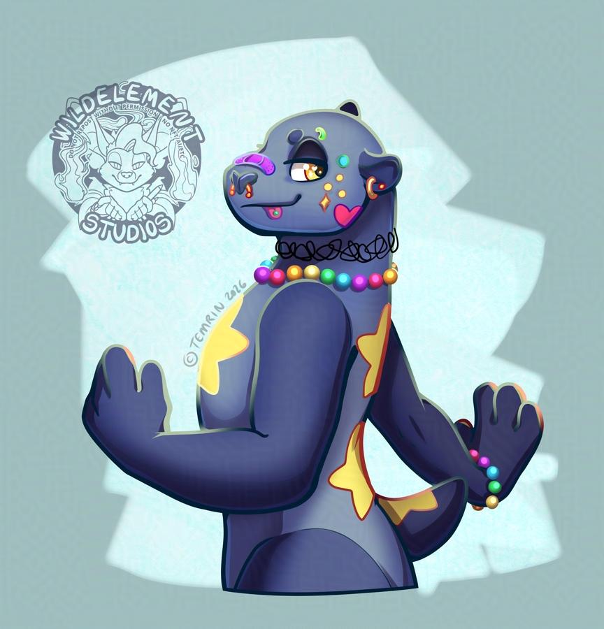 A navy blue (light and dark) sea lion with yellow star makings on their chest, and three from upper back, lower back and on their tail. They are wearing rainbow beads around their neck and wrist, and various peircings and shapes/makeup on their face. They have their tongue out, and a bandaid on the top of their muzzle and look like they are having fun. Dancing perhaps.