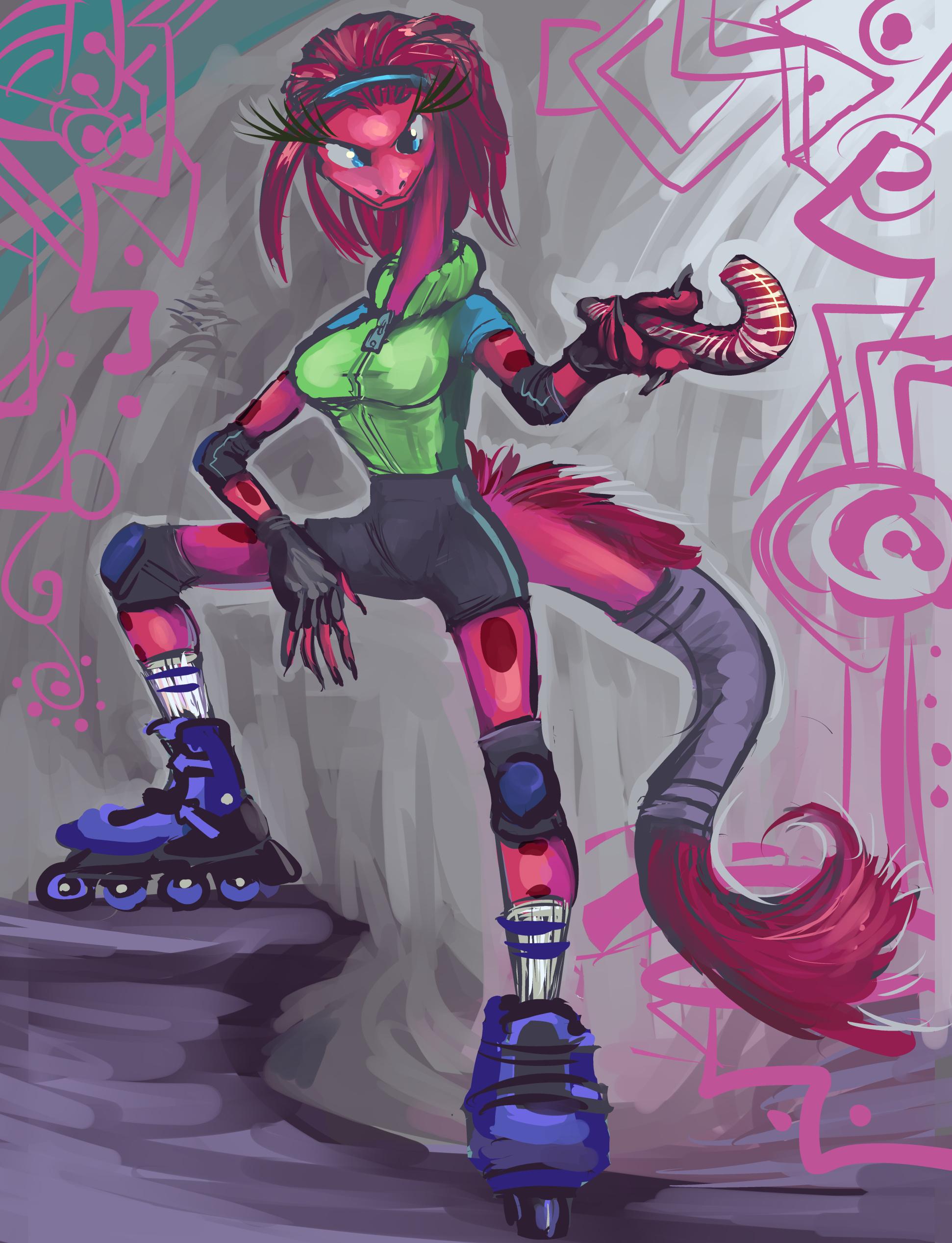 anthropomorphic coelophysis dinosaur person with pink skin and reddish pink hair/feathers wearing in-line skates and pointing the round end of a red-striped candy cane somewhat menacingly off to the right side of the image despite looking more directly at the viewer, because i am very limited in my capabilities
the background is vague grey nonsense with abstract pink symbols seemingly floating in front of it, not even within the same implied perspective