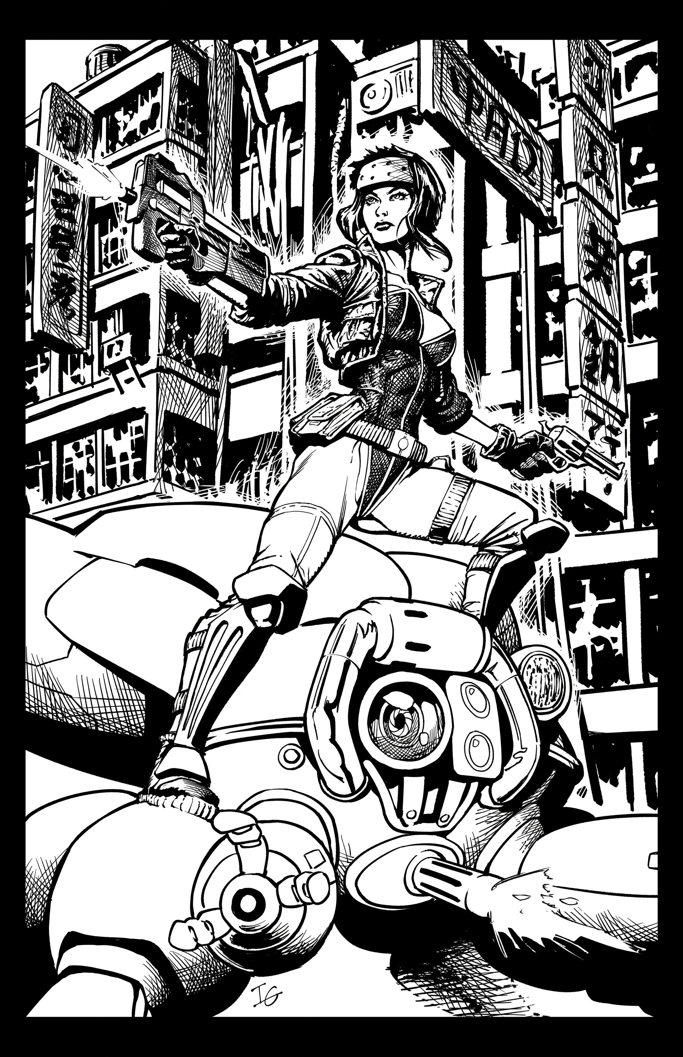 A digital ink drawing of The Major from Ghost in the Shell firing a rifle in one hand and holding a revolver in the other while standing on top on a spider tank.