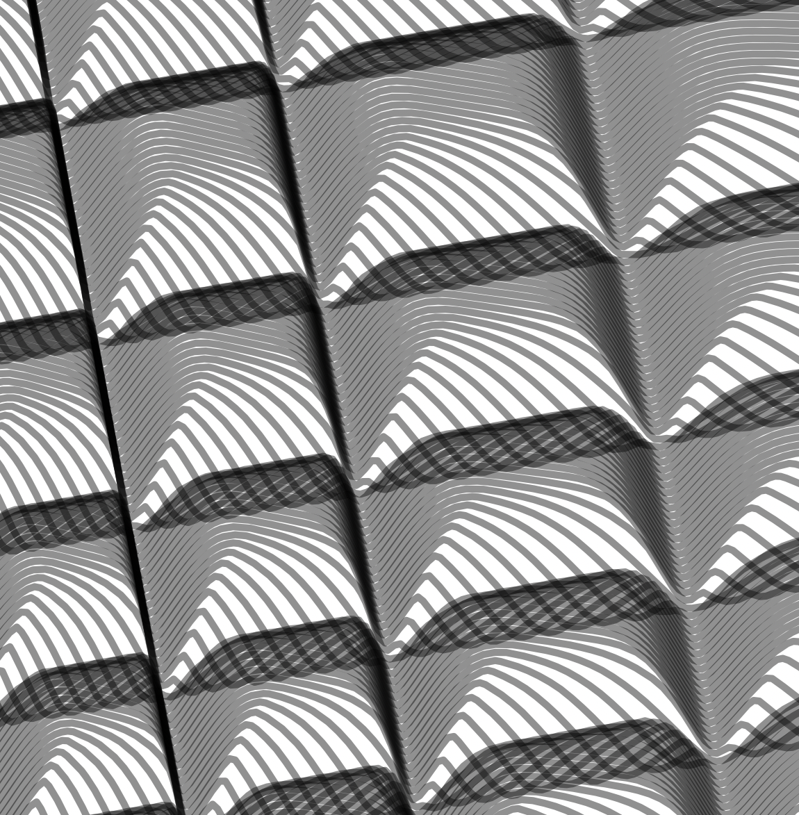 close detail of an abstract geometric design, showing how grey lines overlap to produce darker grey and even black tones.