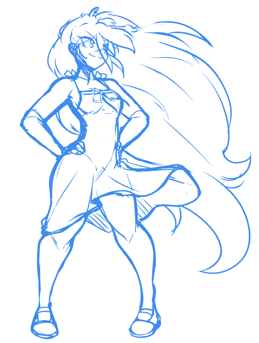 A young woman in a sundress standing with her hands on her hips as her long hair and dress flow in the wind.