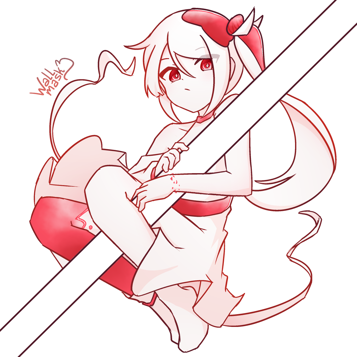 Anime style art of a girl with white hair and white skin, and having some red in some parts of her clothes and body, like her eyes, right leg, and small fragments in her left wrists. The girl has long hair tied in side-ponytail, and something that looks like red cake frosting over her hair and something shaped like a strawberry on her ponytail. She holds a big white diagonal panel, inspired by what is presumably a giant white fork from a drawing from the creator. The character is described by their creator as "Made of cake". The character is Strawberry, belongs to user Winterstar and this art was made for the Art Fight 2026 event.