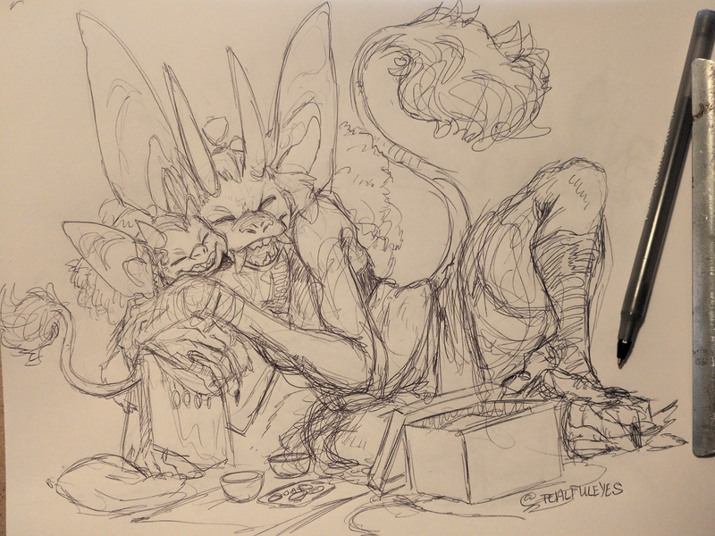 Sketch by Tealful Eyes of a small Prime pattern Imp hugging joyfully hugging a large Watcher pattern Imp after giving them a present during their meal together.