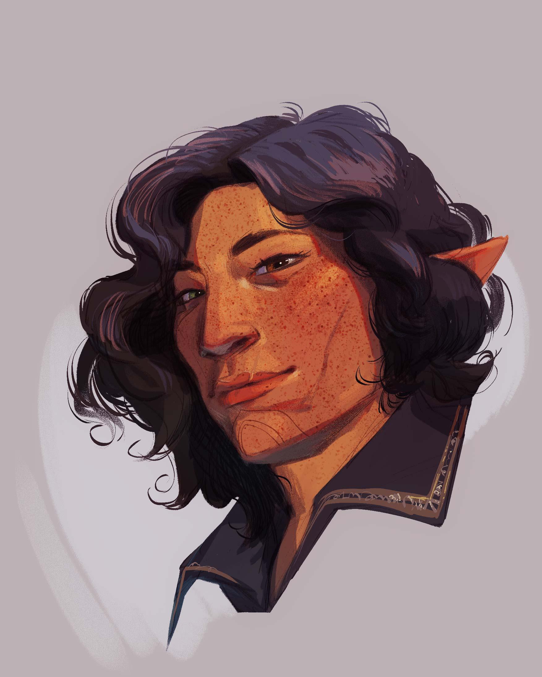 A portrait of a freckled, curly-haired elf against a neutral grey background He's facing left but looking at the viewer. His eyes are different colours, one is green and one is brown. He has facial tattoos, thin, sharp lines encircling his chin, contrasting the freckles peppering his face. He smiles softly. His skin is a dark warm gold against his black hair. He is Louis "Rook" de Riva, Antivan Crow and Leader of the Veilguard.