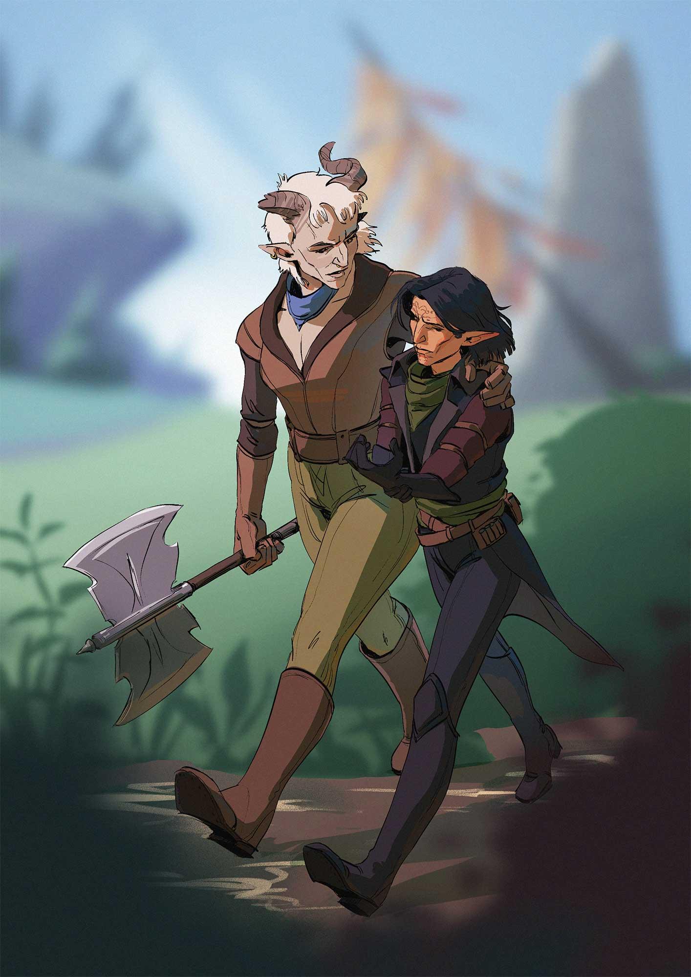 A tall qunari woman and a slender elf trekking through the Hinterlands. Hessara's shaggy, white hair is trailing behind her, unconstrained by her horns. Axe in one hand, Vale's shoulders in the other, she looks at him with concern. His hand aches. Vale matches her long stride with ease but clutches his left hand in front of him, trying to explain how the mark is bothering him underneath the glove. You can't hear them though, you're spying at them through the bushes. Why are you doing that? Who are you? Are you with the Venatori? Guards! Hel--