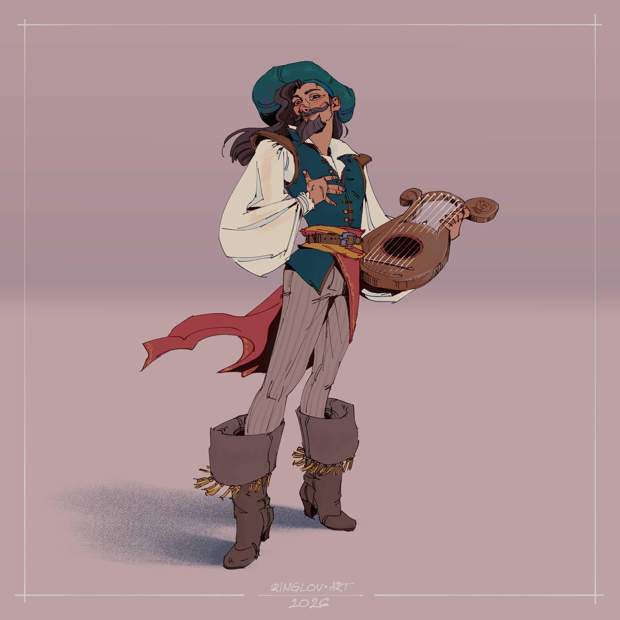 Floppy, jade green, velvet cap. Billowing white sleeves. Gem green vest, and a gold-and-red sash hugging his gainly waist. Striped leggins following the graceful contours of his legs into the most humbly ostentatious boots known to man. Caden Brightsong invites you to enjoy his presence, as he strums a ballad for your ears only. Do not get distracted by his gleaming brown hair blowing in the breeze, nor his immaculately trimmed goatee and twirly mustache, pay attention now. Look into his eyes and hear the song. 

It is an honour to share his company for free.