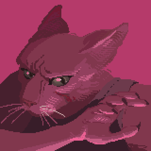 Carogu's feline features are wrinkled in distress. His ears are folded back protectively as he makes a swing for his unseen attacker. The dim pink lighting enveloping all around him reflects in his slitted green eyes, and coats his white fur with colour. He'll make them regret this.