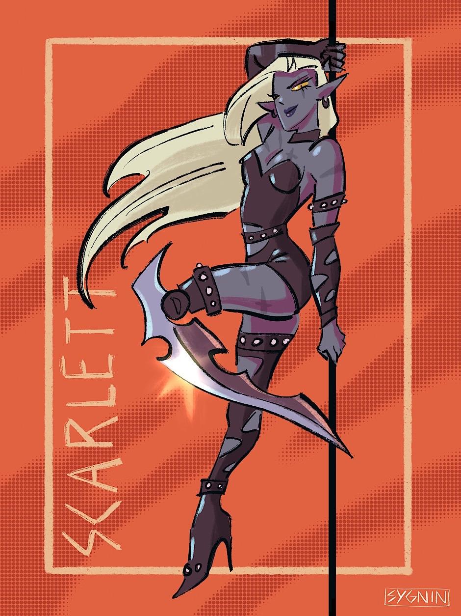 Art of a dark elf woman leaning on a pole. She has 1 prosthetic leg. The leg is a giant blade.