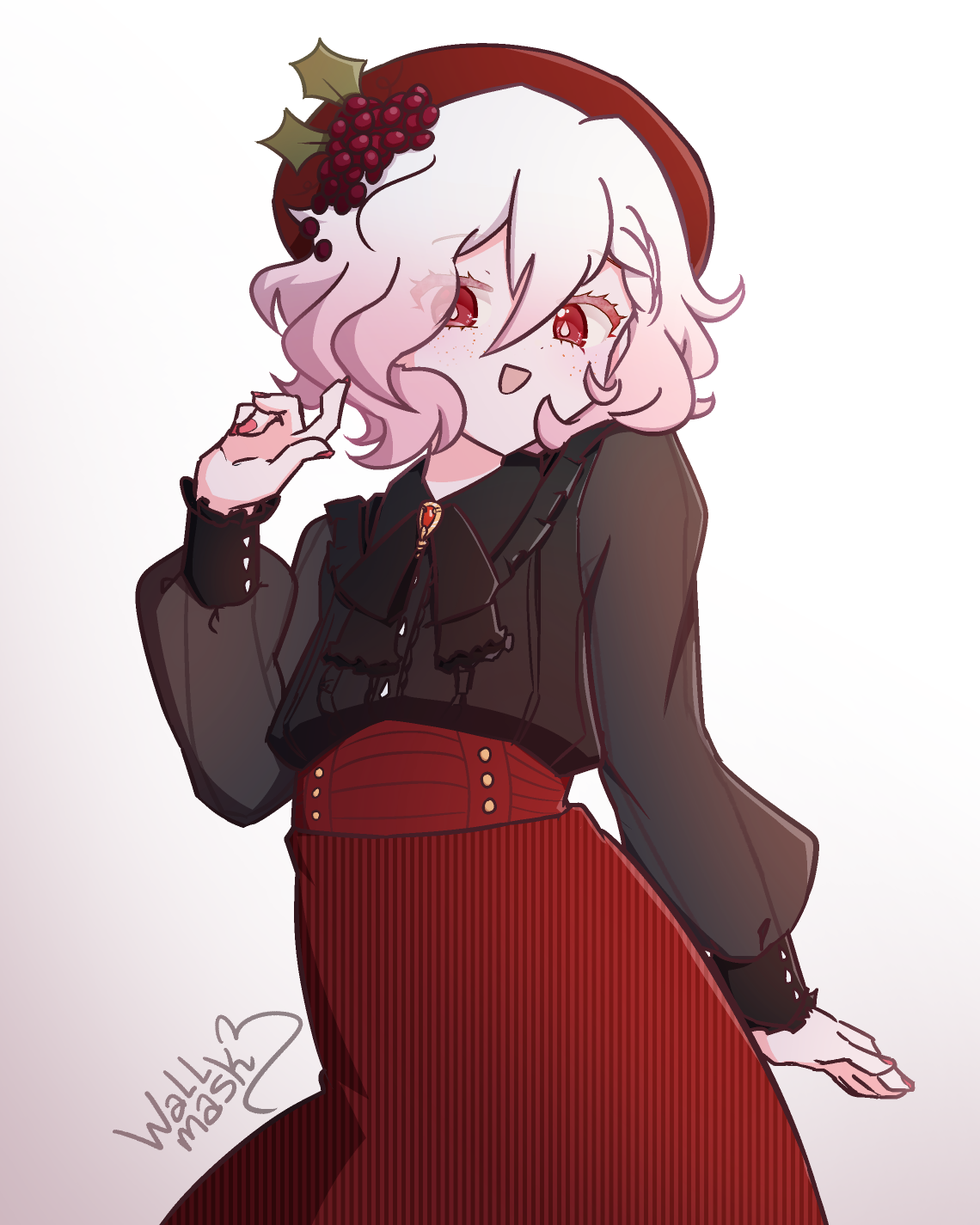 Anime style art of a girl smiling with her mouth open, with her right hand up and left hand down. The girl has wavy short white hair and red eyes with drops-shaped white pupils. She wears a black shirt with long sleeves, a red skirt and hat, and has a purple grape as her hair accessory. The character is Rie, lucarrie 's Original Character in Art Fight.