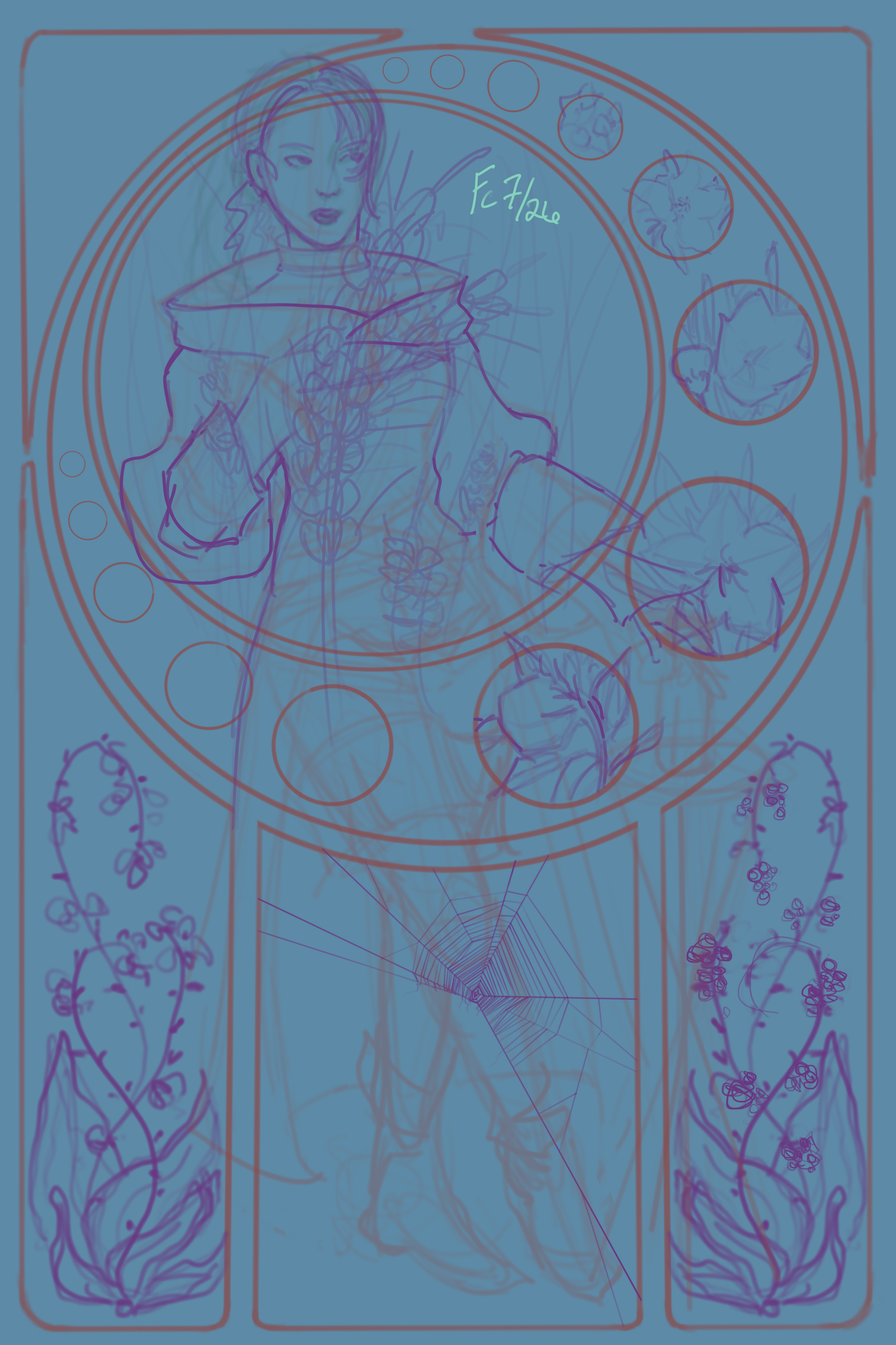 A digital sketch of an Art Nouveau style illustration. A crescent moon shape makes up the top of the background, while three mostly rectangular segments reach up from the bottom toward the curve of the crescent. Within the three segments are mirrored depictions of a vining plant, the left one in bloom and the right fruiting. Between them is a neglected spider's web. In the circle formed by the crescent of the background wheat has been sketched, while in the decorative circles within the crescent shape balloon flowers in various states of bloom have been drawn. The foreground is a woman leaning back as if against the flat background, with her right hand raised to her chest and the left reaching out to touch the top of a bottle. The artist's signature and date, "Fc 7/26" is in pale green near the top.