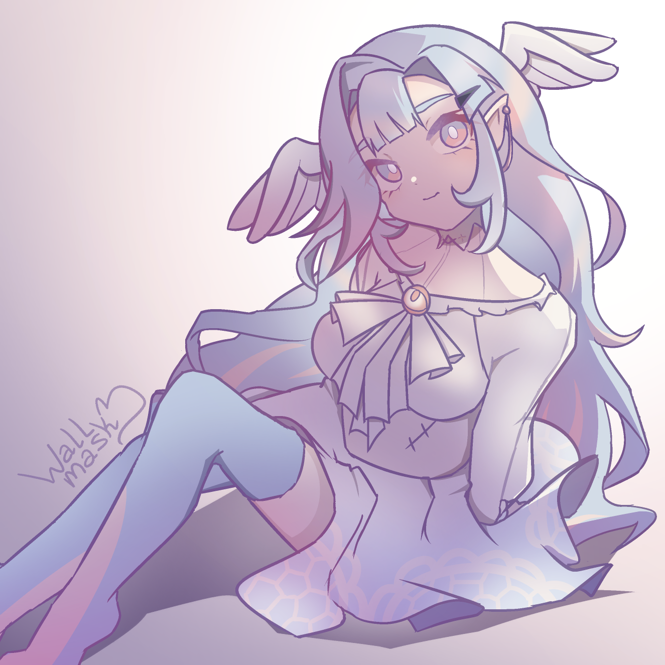 Anime style art of an angel girl with wings on her head, looking at the viewer with a small smile while she sits on the floor. The girl is Amatie, belonging to MilkyPiku on Art Fight. Amatie has very long multicolored hair blue and pink, and she wears a long white dress with see-through long sleeves. Her eyes are multicolored pink and blue.