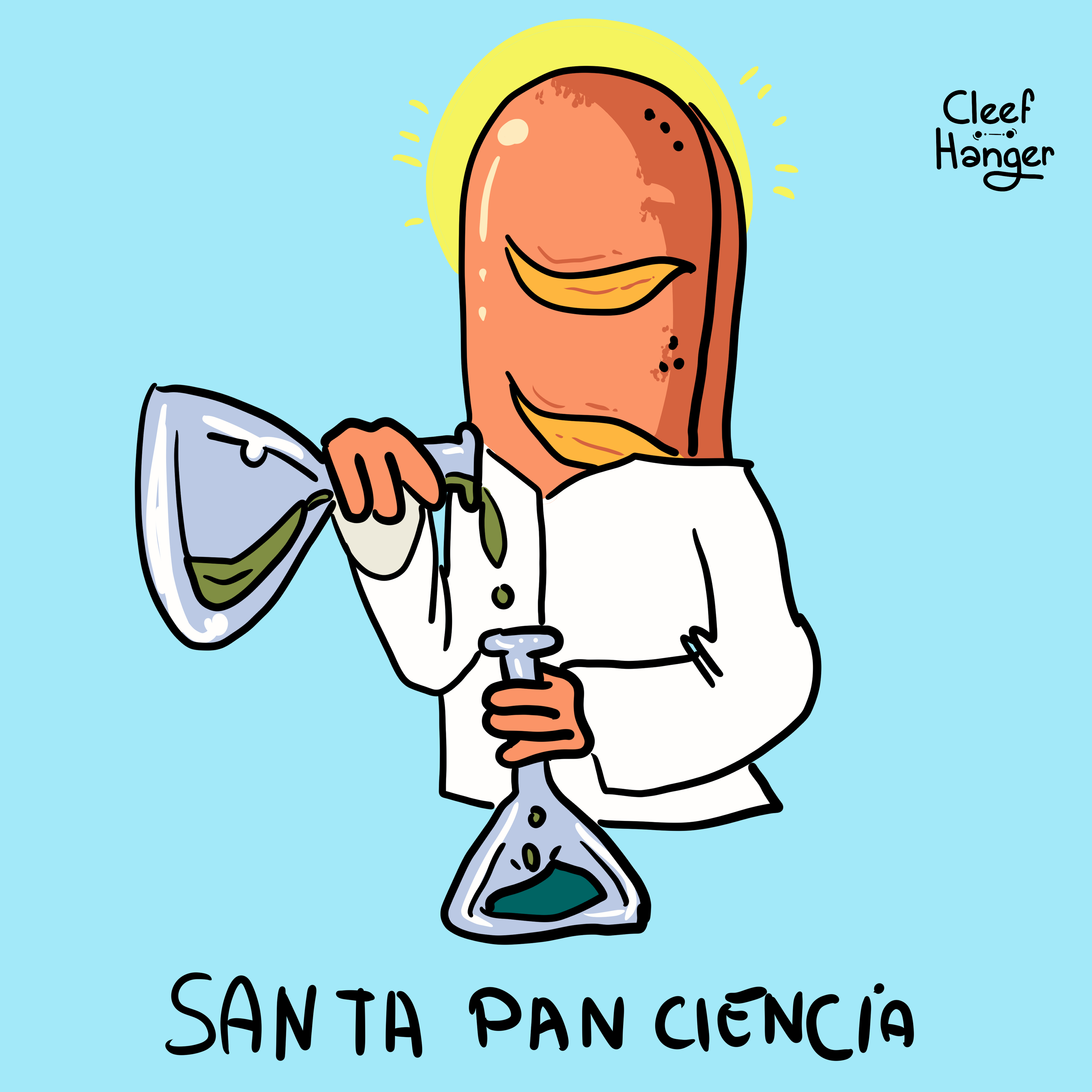 Un pan con bata cientifica manipulando dos viales de liquido cientifico.