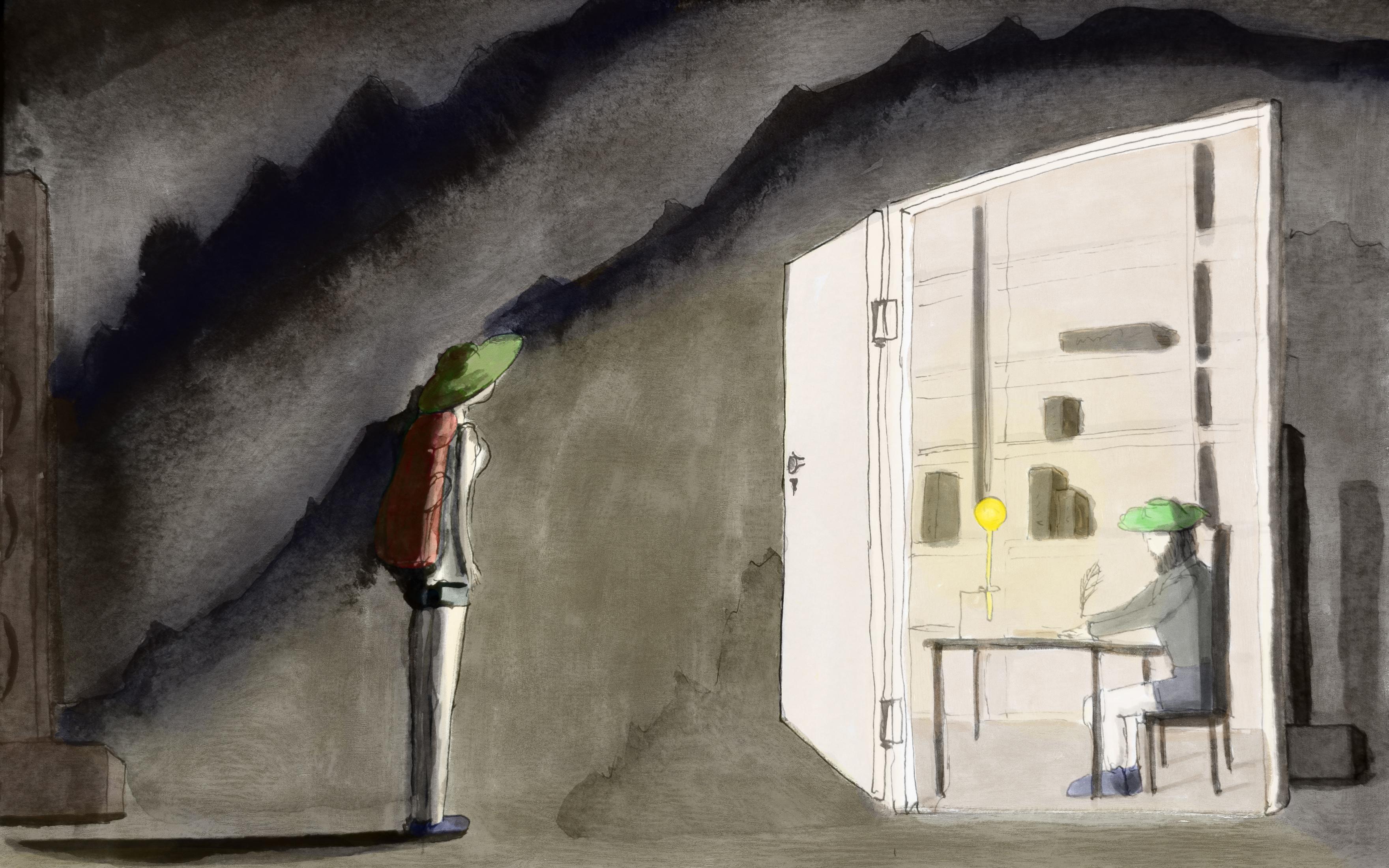 Ink and pencil image of a room in a cavern.