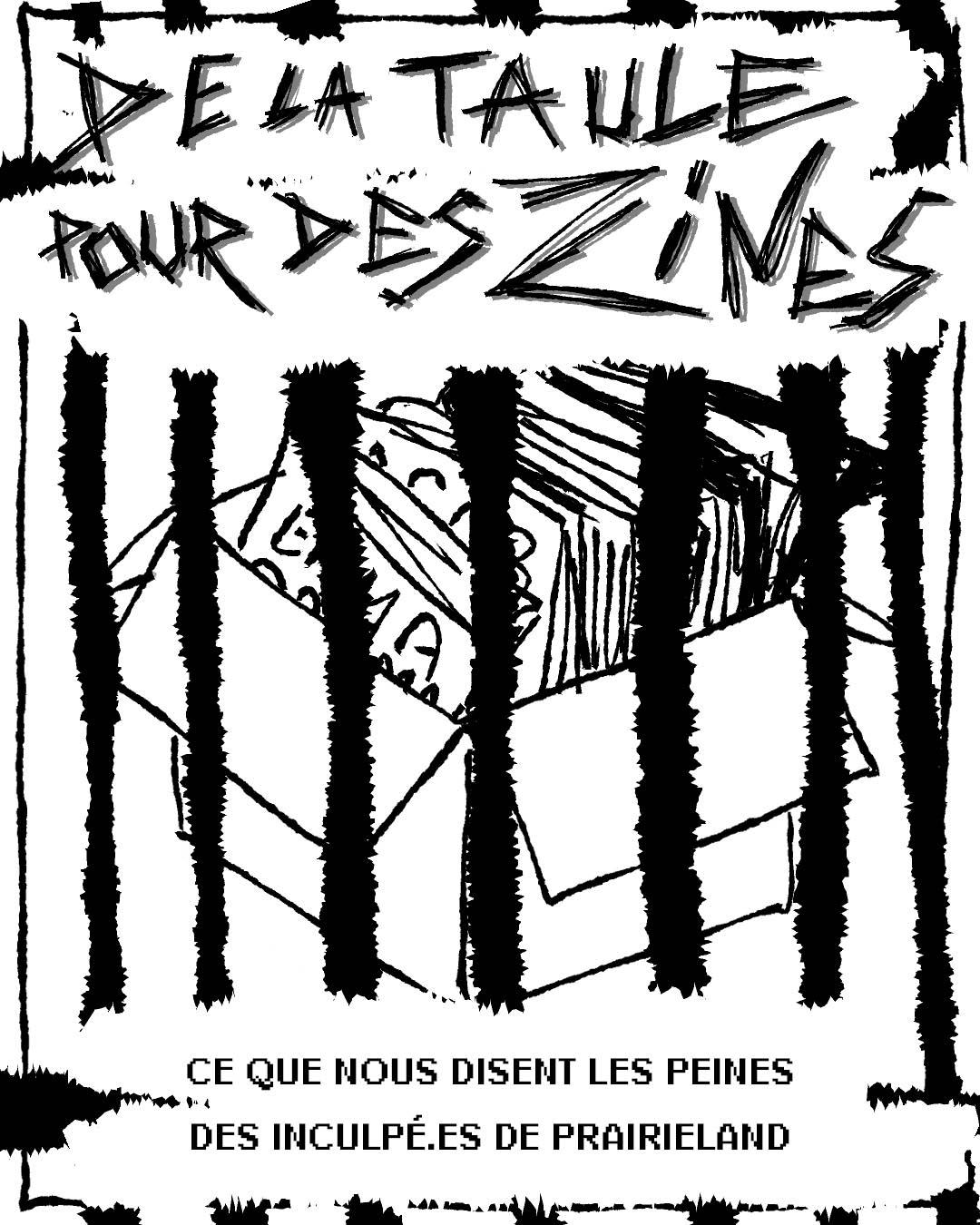 Dessin numérique en noir et blanc. un carton de zine derrière des barreaux.
De la taule pour des zines
Ce que nous disent les peines des inculpé.es de Prairieland