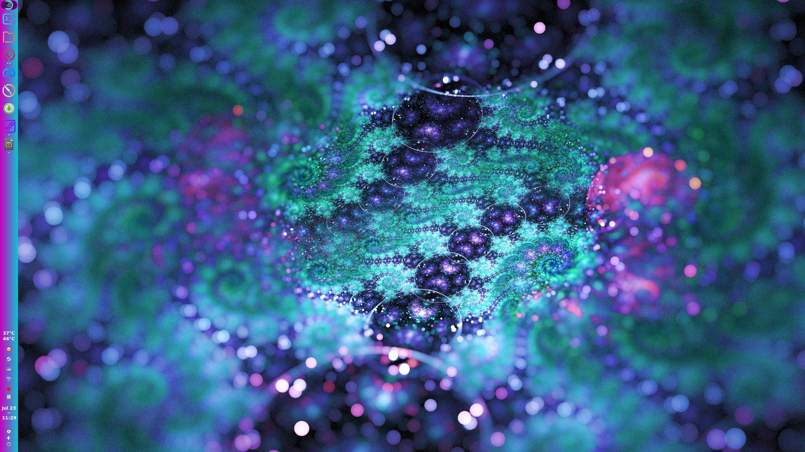 A Linux desktop. There's a taskbar down the left, graded purple and teal, which matches the intricate, spacey fractal fill of swirls and spirals that's set as the desktop wallpaper.