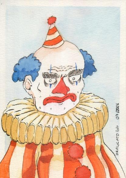 A watercolor painting of a grumy beardless clown.