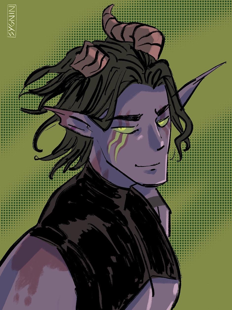 Portrait art of a purple man with elf ears and horns on head. One horn is broken and one ear is partly damaged. He has some scars on face and shoulder