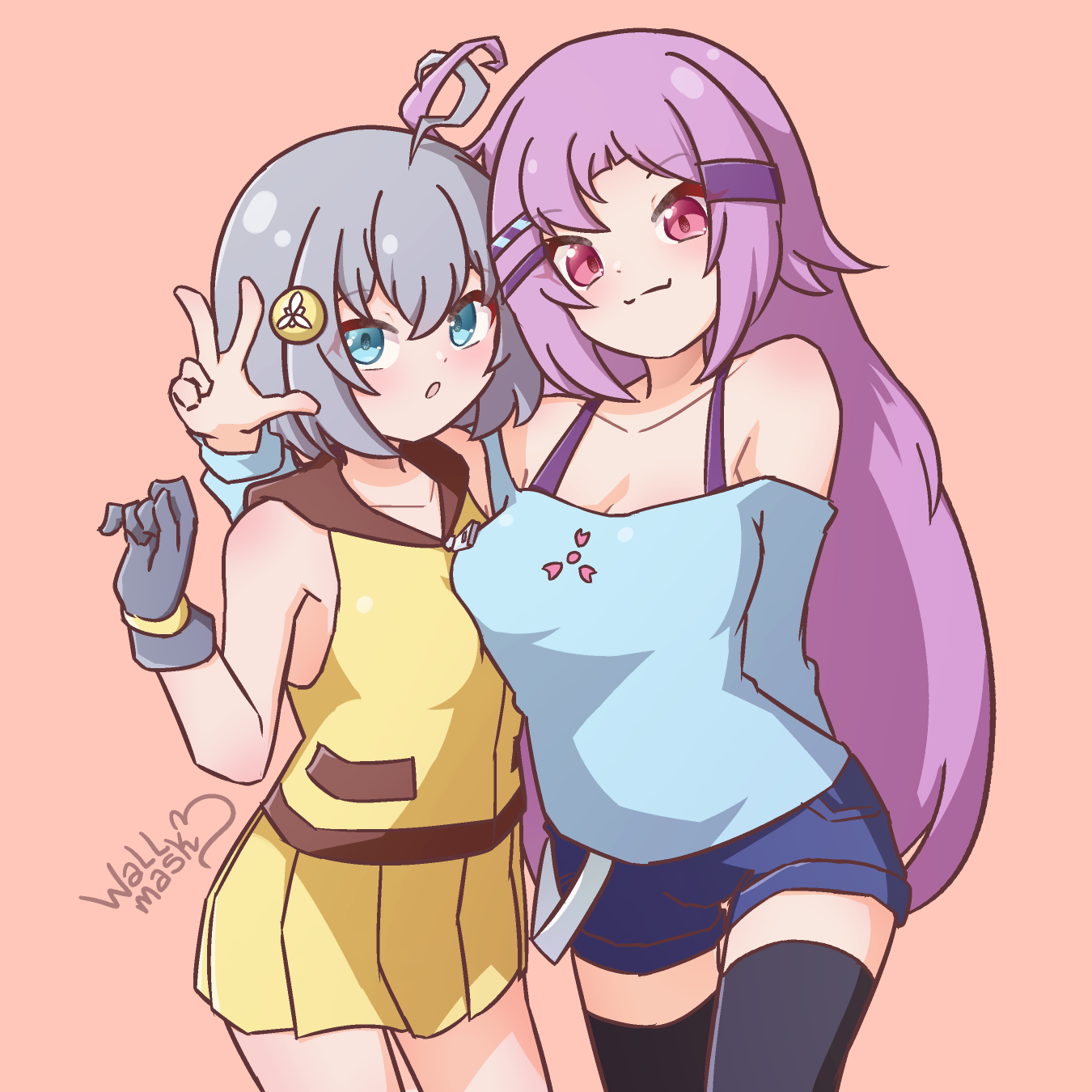 Anime style art of two girls side-by-side, posing together, as the girl with long hair has her arms going behind her friend's head as she does a V sign with her hands towards the viewer. The girls are original characters who belongs to bright on Art Fight; Kanae is the girl with bob cut silver hair and blue eyes, wearing a yellow outfit of a sleeveless hoodie and skirt, and Yuuka is the girl with long light purple hair and pink eyes, wearing a bare shoulders aqua sweater, blue shorts and black thighhighs.