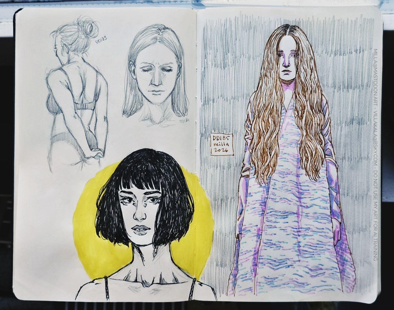 Sketchbook spread of some pencil, ink and marker doodles. There's a woman stretching her arms behind her back, two portraits, and a full-page drawing of a melancholic looking long-haired girl dressed in a weird, loose fitting garment made of thick fabric with a sort of wavy texture, based on a design by Uma Wang.