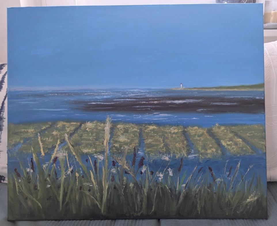 Auf einem Ölbild ohne Rahmen ist eine Szene am Wattenmeer zu sehen. Teilweise ist der Meeresboden, der Schlick, zu sehen und am Horizont erscheint ein Teil der Küste unter blauem Himmel. Das Wasser hat fast die gleiche Farbe wie der Himmel, ein sehr leuchtendes Türkisblau.