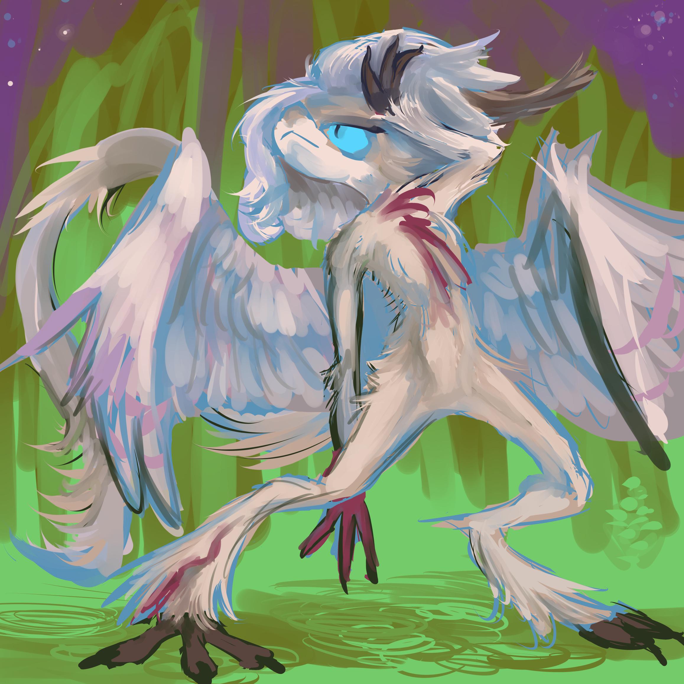 smushily colored artfight drawing of an anthropomorphic creature said to be based on a dragon and a pigeon, with a mostly grey and light brown fluff covered body stands in a dramatic pose and throws its hair back with a dark brown hand while a red hand is visible unused behind one leg,, with green abstract nonsense in the distance. like the hands, one foot is brown while another is red.  large wings are additionally attached to the creature's back, in the manner of an insect or perhaps the common popular conception of an angel, even if that is less popular than "biblically accurate" for the moment
