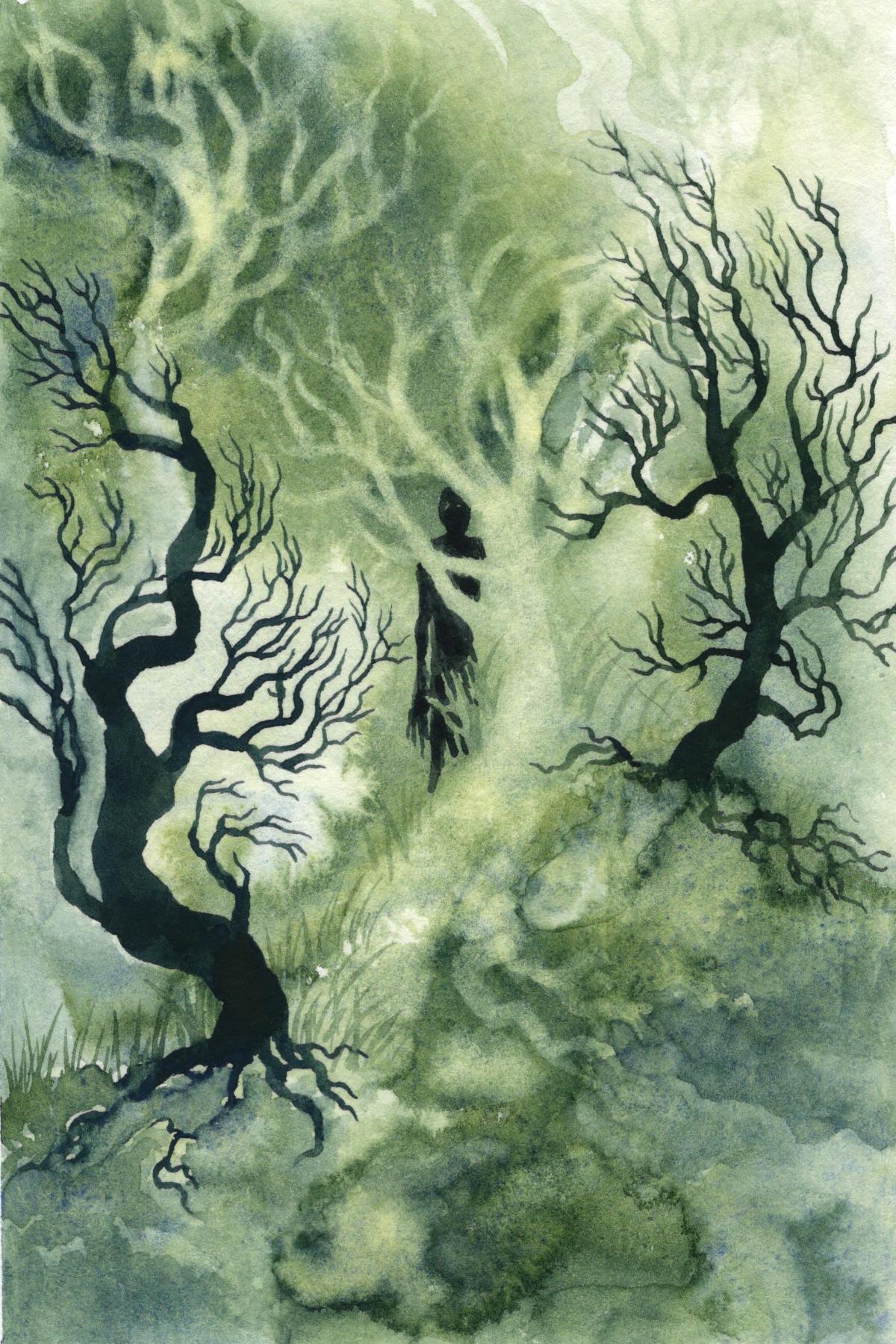 Two dark leafless trees stand on a hill in a misty green forest. They frame a ghostly white tree, behind which lurks a tall shadowed figure.