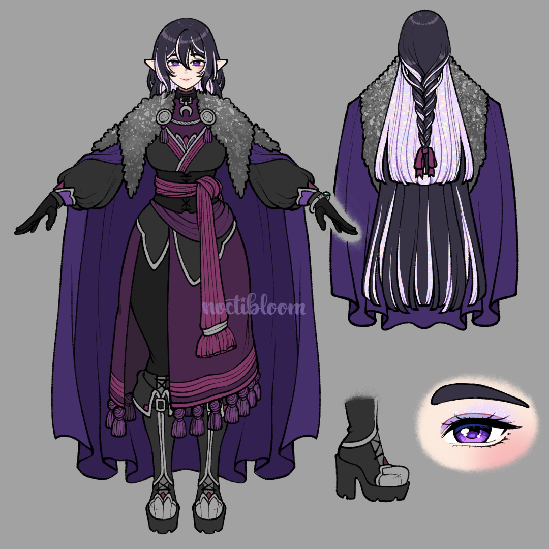 digital flat color sketch of a purple-themed winter outfit for an elven woman.