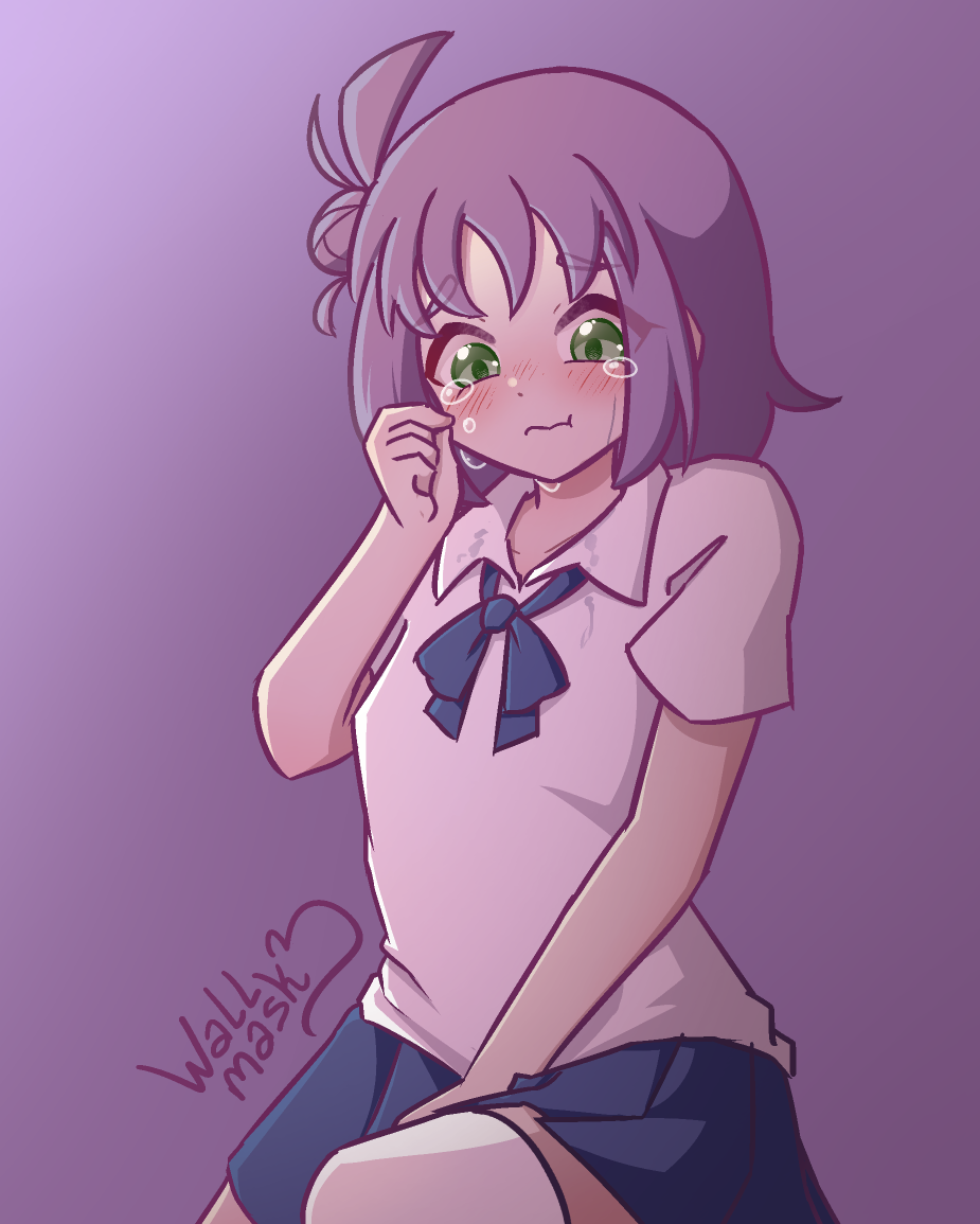 Anime style art of a girl sitting and crying in the dark. The girl is Cheesecakee's, on Art Fight, original character Marie, a girl with short purple hair with a hair bun on her right side and green eyes, wearing a school uniform of a white collared shirt with a blue bowtie and skirt.