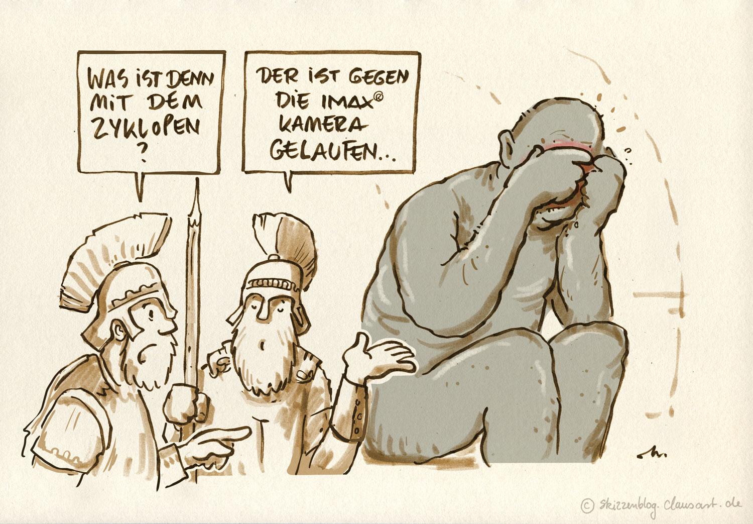 A humorous illustration featuring two ancient warriors discussing what happened to the cyclops sitting aside crying.One warrior asks about the cyclops, while the other explains that it ran into an IMAX camera, suggesting a comedic mishap.