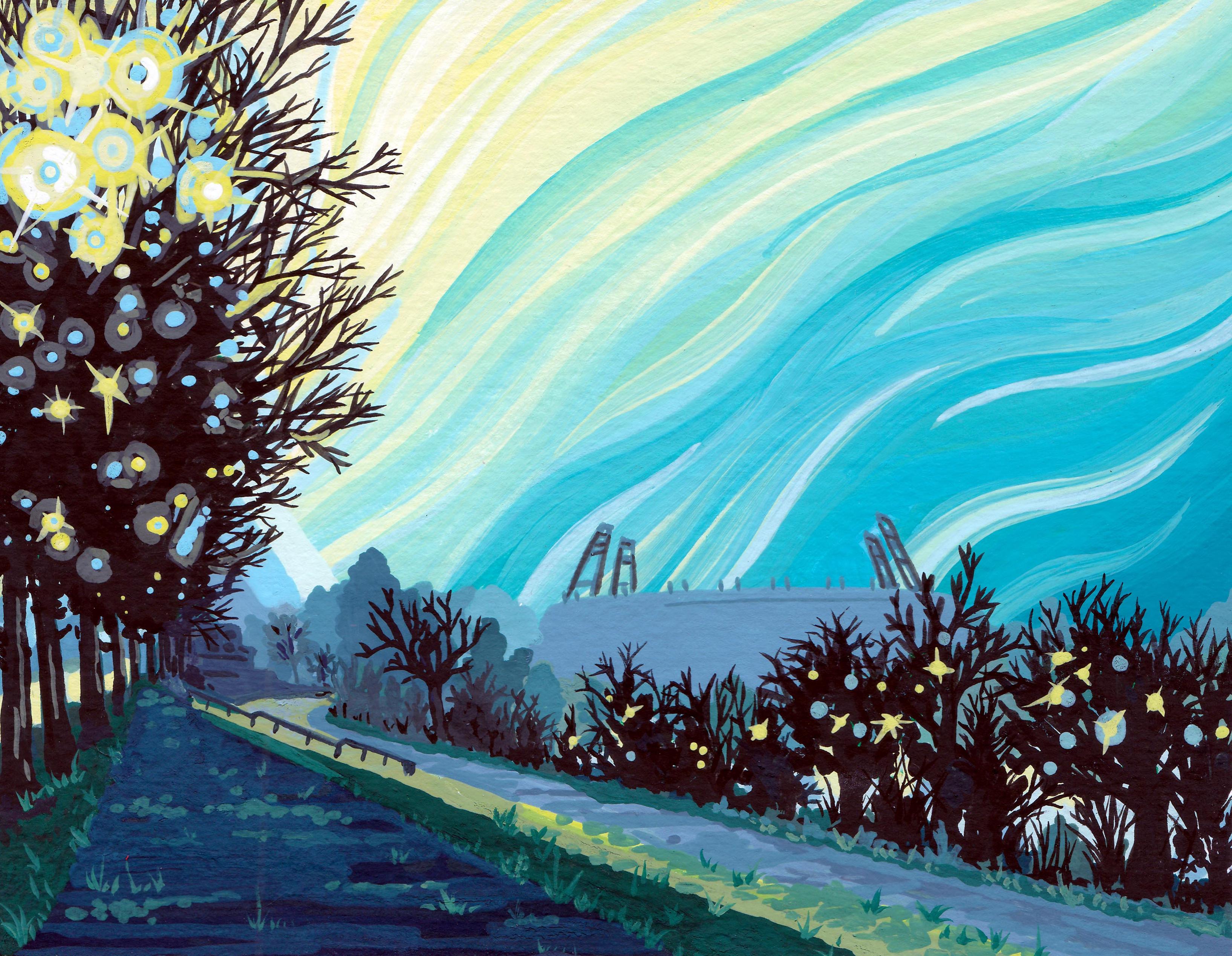 A scan of an icy-looking painting. We're looking down a long street lined with trees with stylised light bursting from between the branches. The Bremen stadium can be seen in the background behind the line of bushes on the right