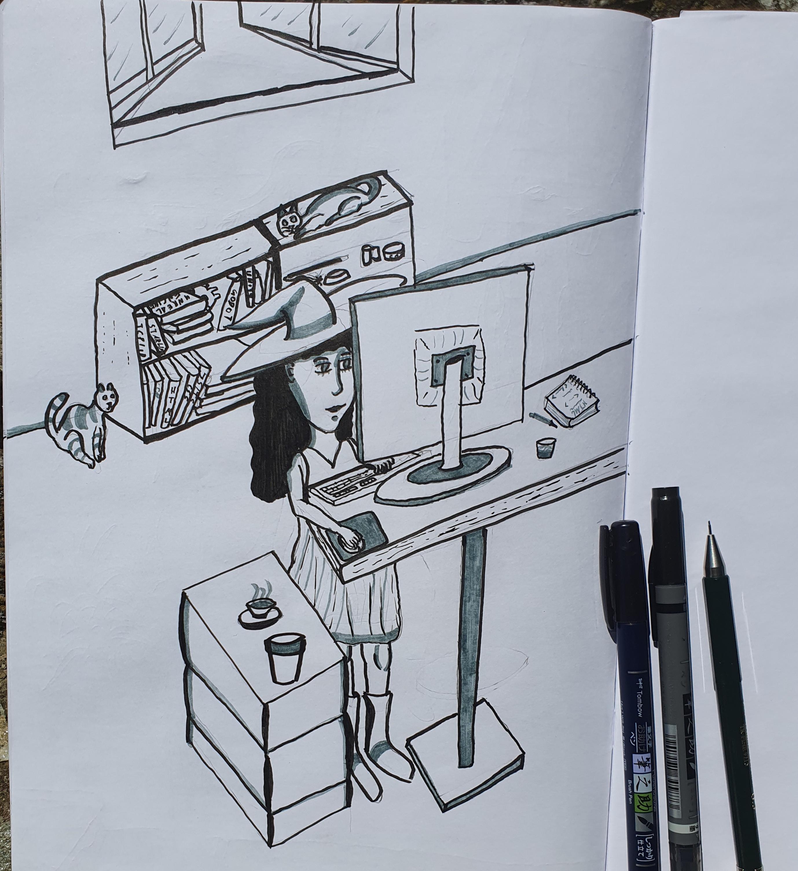 A back-and-white drawing, showing a young-adult witch working on a PC at a standing-desk. In the background, a low shelf with books and cat equipment. Two cats, one lying on the shelf, one sitting on the ground.