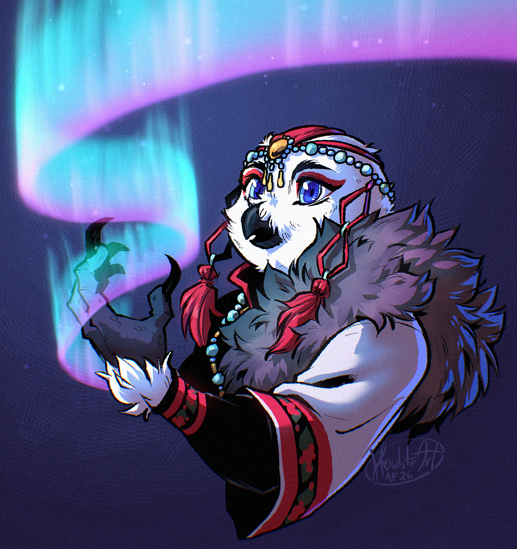 Digital art portrait of a snowy owl anthro with head jewelry and a fluffy fur stole, casting a ribbon of aurora-like magic, looking at it with wide eyes.