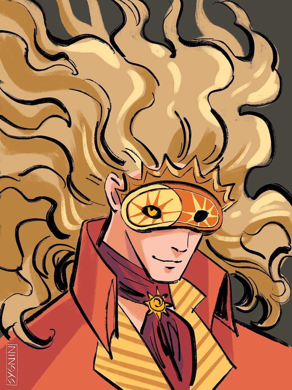 Portrait art of a man with a orange and yellow star mask and long gold hair.
