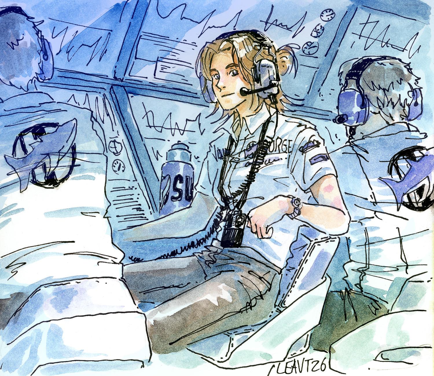 watercolor illustration of young woman sitting at a formula 1 pitwall. She's got light skin, brown hair and a lean figure, wearing a big pair of radio headphone and team kit dark trousers, white shirt with team logo "Surge". She looks relaxed and confident.