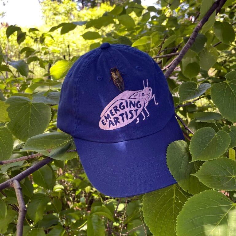 a hat of a cicada with the words emerging artist
