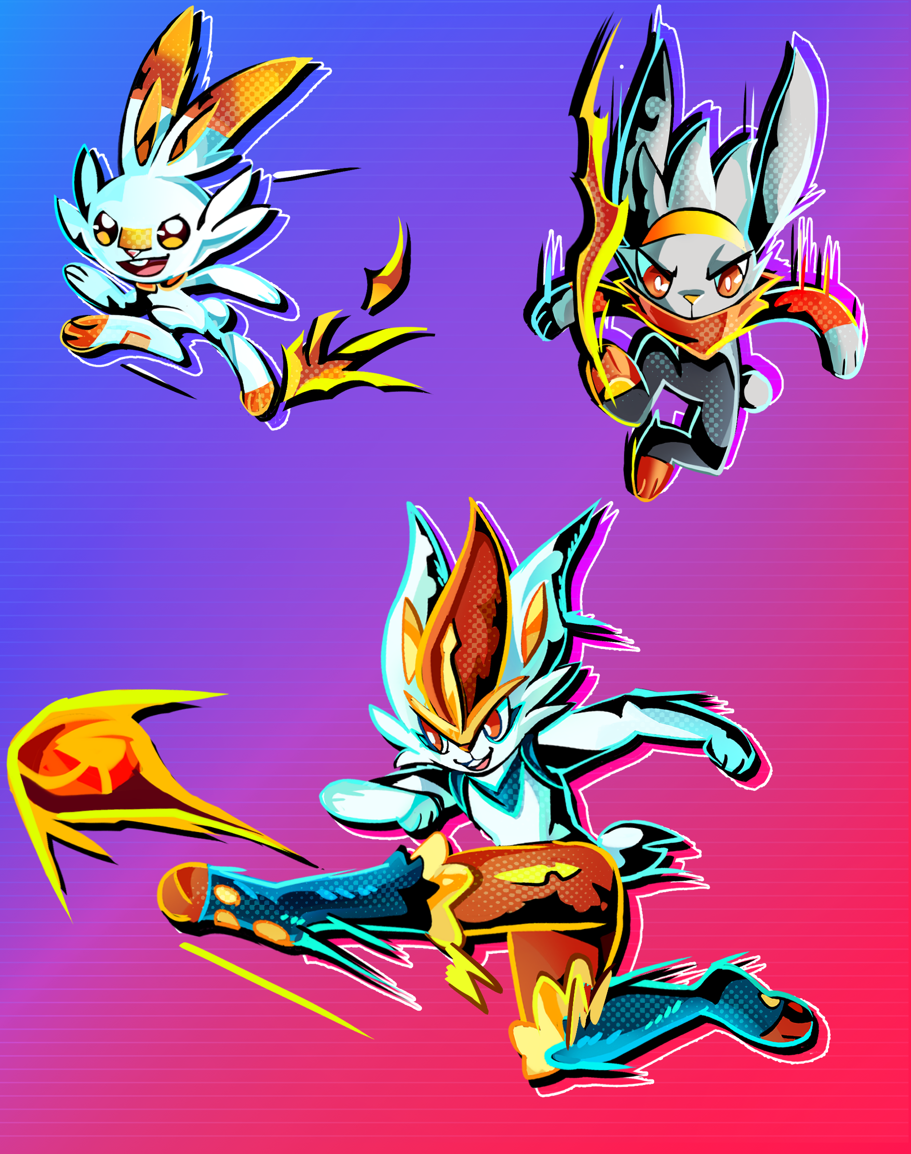 Digital illustration of the rabbit-themed, fire pokemon Scorbunny, Raboot and Cinderace. On the top left is the small scorbunny, running. On the top right is Raboot, the gray, black and red pokemon doing a fiery downwards kick. On the bottom half  is Cinderace, with soccer-player themed fur pattern, kicking a fire ball