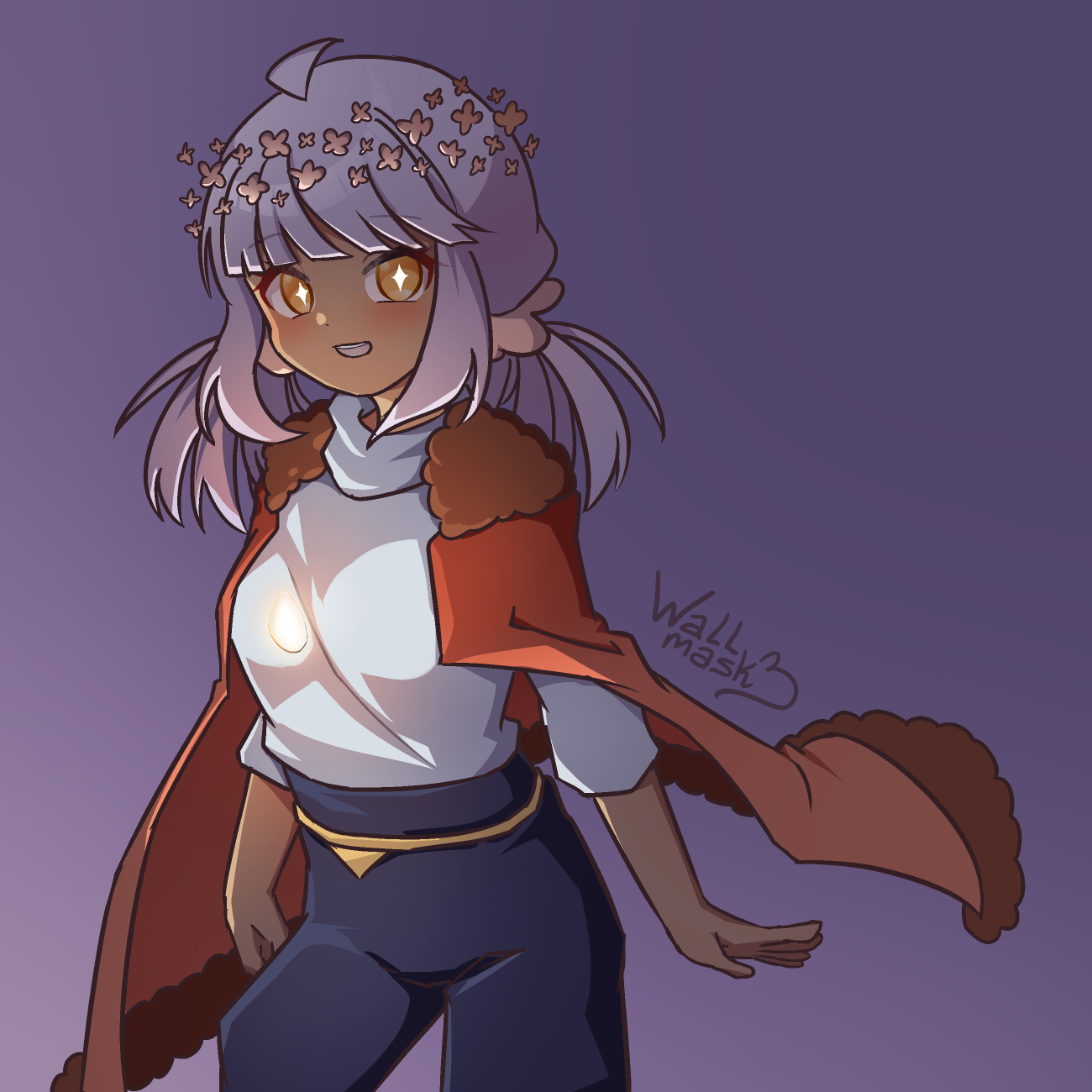 Anime style art of a girl with gray hair tied in low twintails, and yellow eyes with white four-shaped star pupils, wearing a brown cape, a light aqua turtleneck sweater and baggy blue pants. She has a beautiful triangle-shaped ahoge and beige flowers floating around her head. This drawing's light source is a stone which is floating in front of the character's chest. The girl is Yukina, an original character who belongs to Sachiepearl on Art Fight.