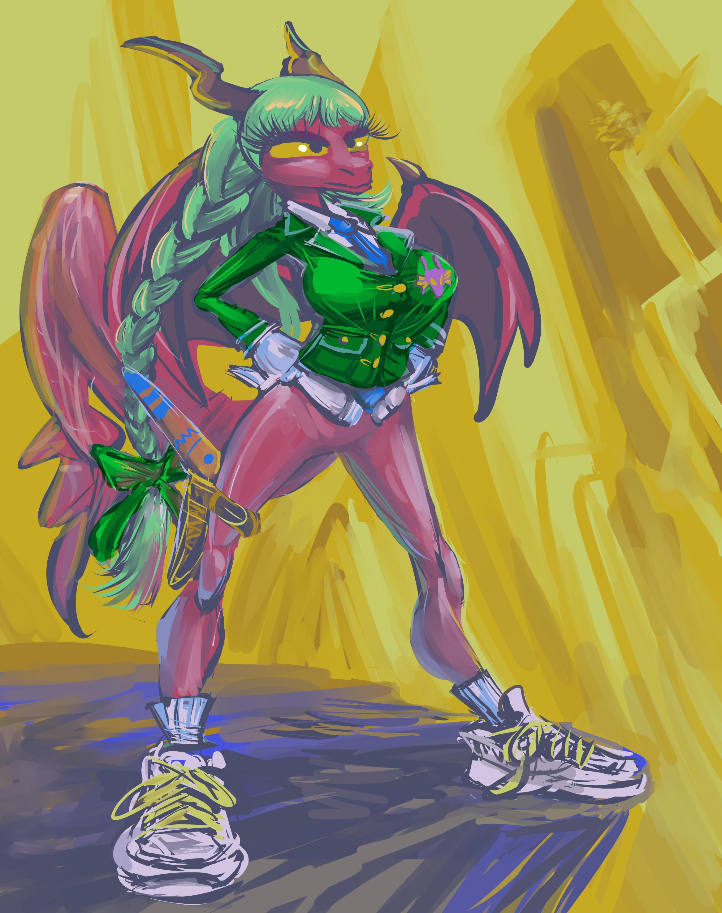 artfight attempt drawing of an anthropomorphic dragon person with pale green braided hair and smooth reddish skin wearing a more saturated school uniform type green jacket, white shirt and blue neckties stands at the edge of a cliff or something in front of a vaguely mountainish yellow background