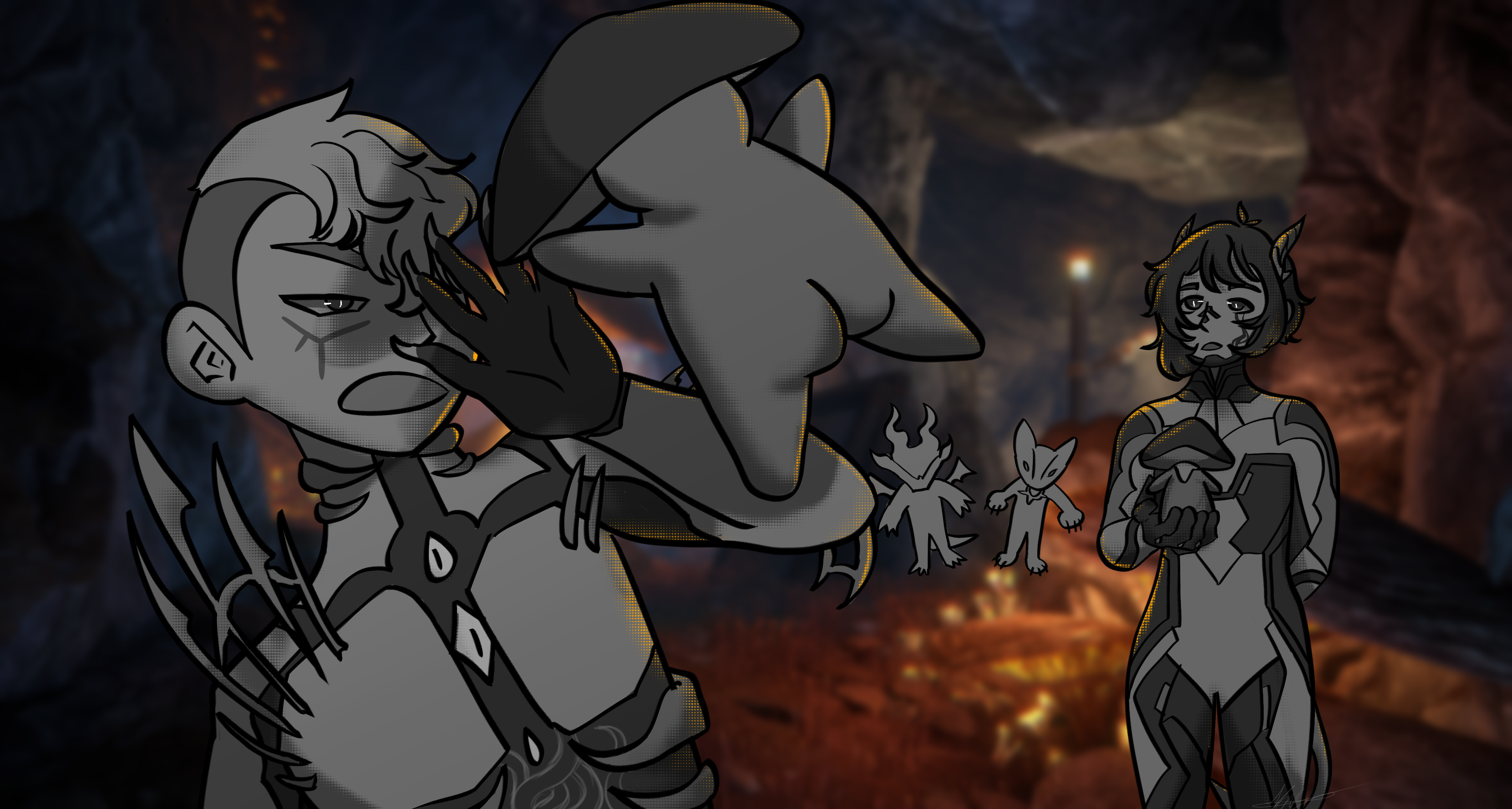 Two teenagers in sci tech suits in a mushroom cave. Left teen has a mohawk and is being jumped by a little humanoid mushroom figure. On the right, the teen has horns and a tail and is holding a little humanoid mushroom figure in one of her hands.
