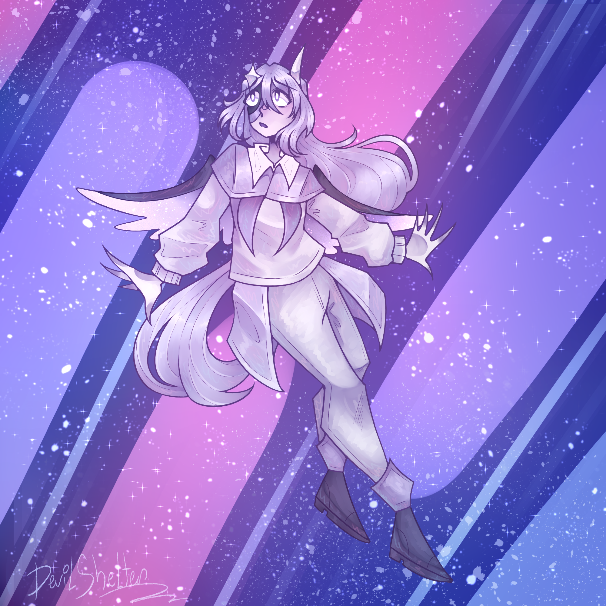 A pastel (mostly white and purple) character flying in colorful stylized space. They have small wings, a long purple hair, one horn and a star.
