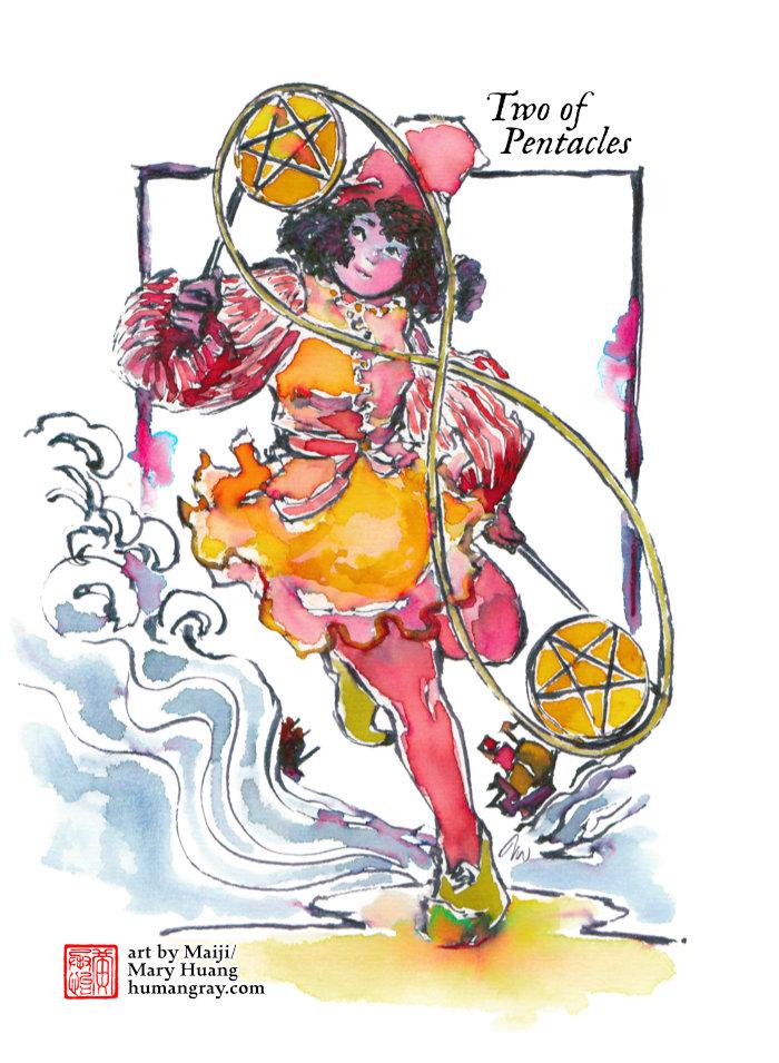 Tarot card rendered in fountain pen inks of vivid colours blended with water. Two of Pentacles: A woman with curly hair and darker skin in an orange outfit dances and spins a pair of pentacles with sticks. In the background, two ships rock almost comically on cresting waves. Art by Maiji/Mary Huang - humangray.com