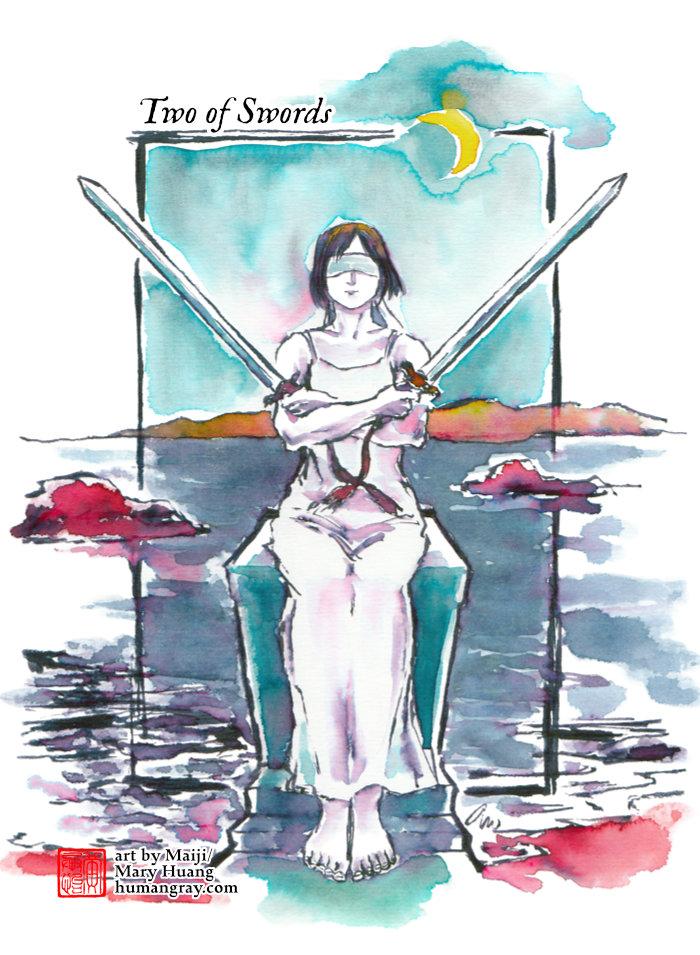 Tarot card rendered in fountain pen inks of vivid colours blended with water. Two of Swords: A woman with pale skin and short black hair in a sleeveless white shift sits blindfolded on a column that is surrounded by low tide, arms crossed over her chest with a sword in each hand pointing outwards in a V. A crest moon shines overhead with the sea and rocks or an island visible in the background. Art by Maiji/Mary Huang - humangray.com