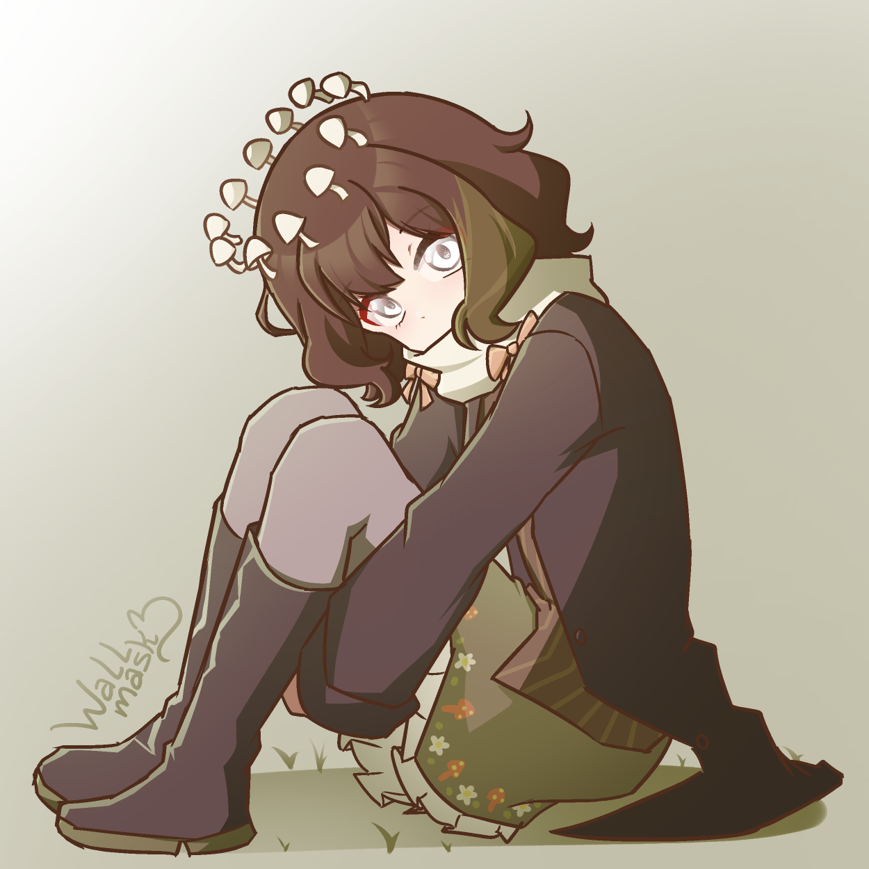 Anime style art of a girl with wavy short brown hair, with her left sidelock being multicolored with green, and white eyes. There's a mushroom fairy ring made of white mushrooms floating over her head. She is sitting on the floor while hugging her own legs, wears a black coat, a white scarf that covers her mouth, a green skirt, gray pantyhose and black boots. The girl is an original character who belongs to MatsuTK on Art Fight.