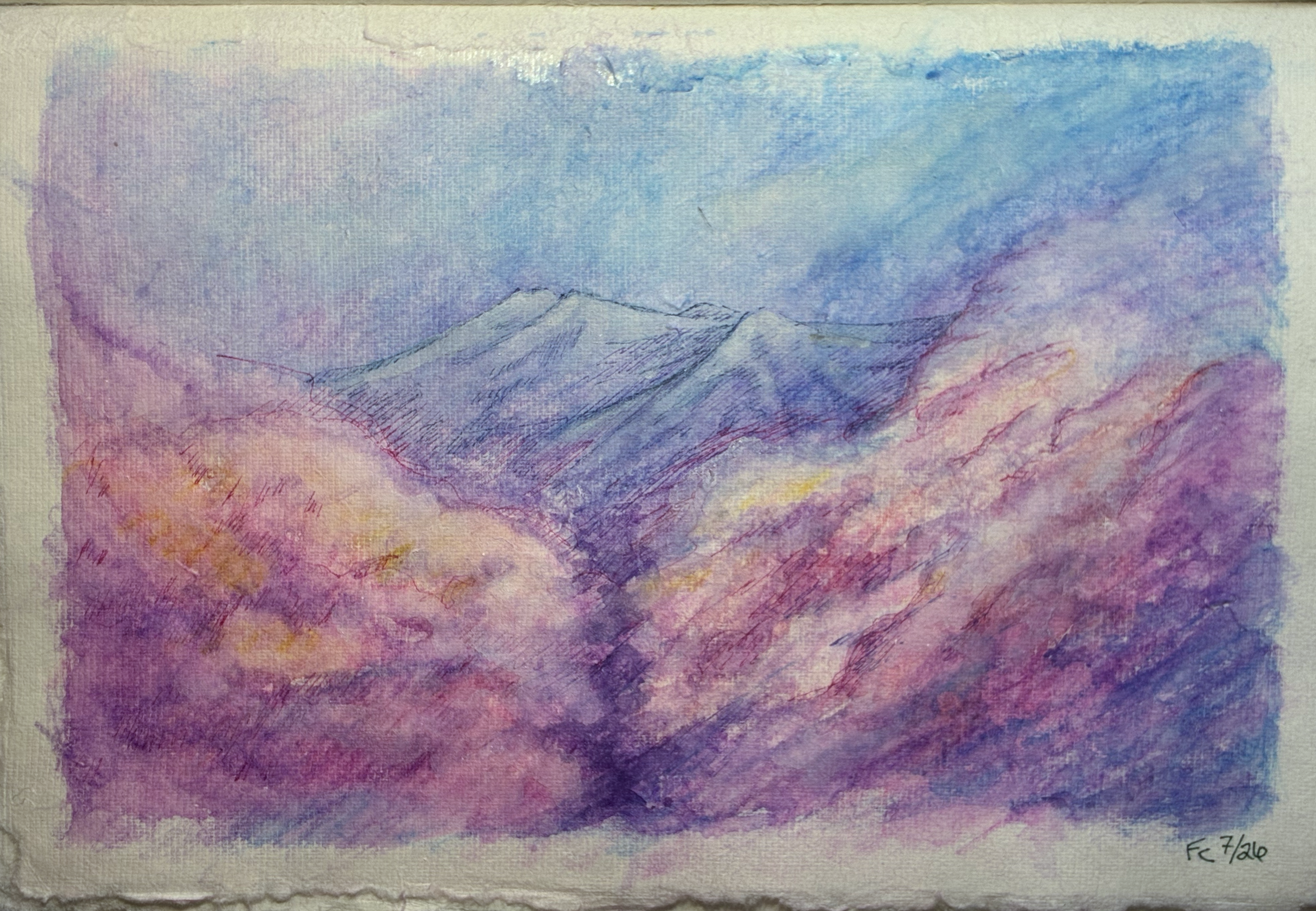 A photo of a watercolor illustration of clouds parting to form a path toward distant mountain peaks. The clouds are gold and rose in color, shaded with violet and indigo. The mountains in the background are touched with green despite their white caps, and stand beneath a blue sky. The artist's signature & date, "Fc 7/26" is in the lower right corner.