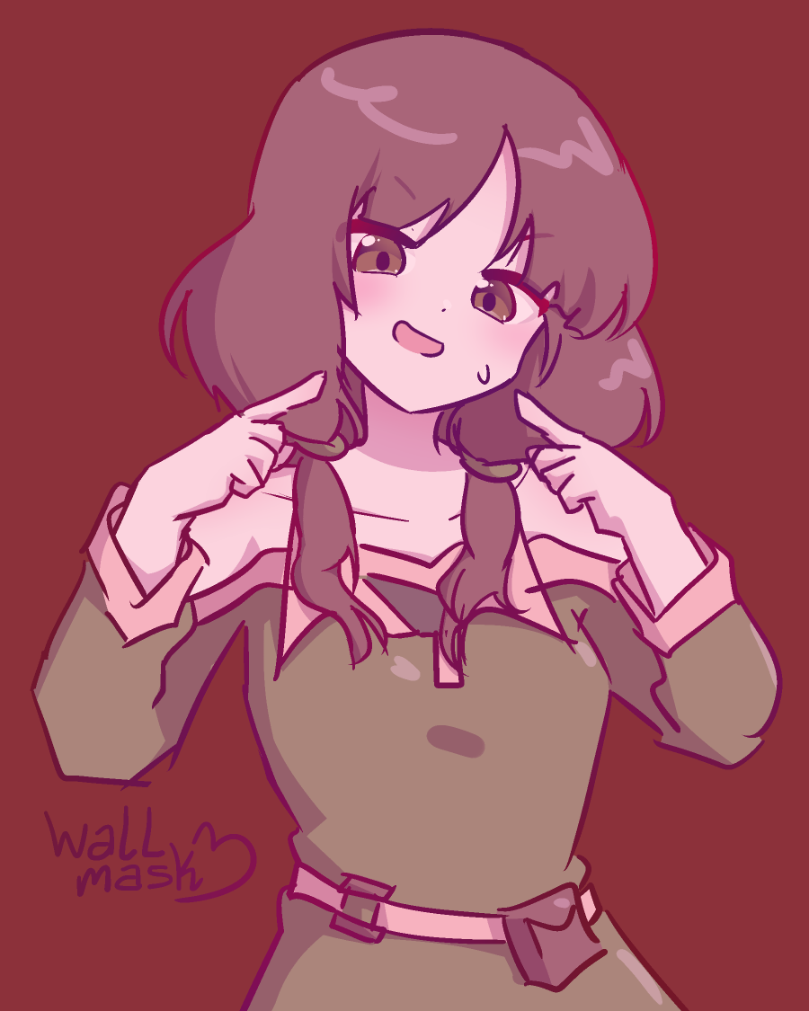 Anime style art of a girl pointing at herself, while she smiles nervously, with a sweatdrop on her cheek. The girl is my original character Aria, she wears a bare shoulders green dress, has brown hair tied in low twintails and brown eyes.