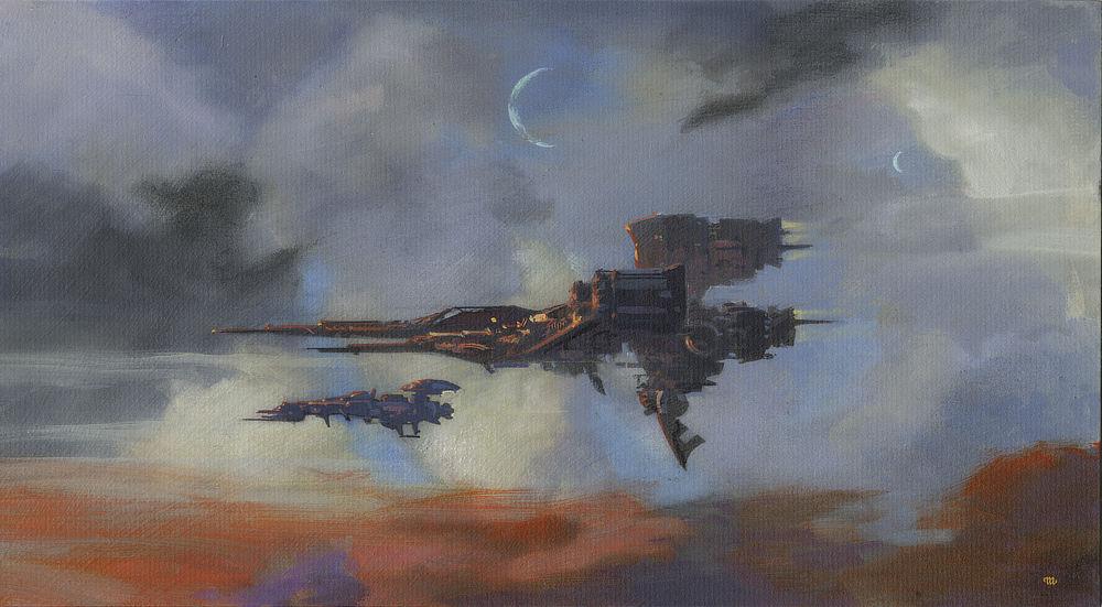 Two aerodynamic space-age aircraft skim above a bank of red clouds in the lower panel. The cockpit of the closer aircraft sits behind a needle-nosed protrusion. Most of its mass sits aft with two engines blasting off the back. The farther aircraft has more of a gunship look with mass balanced across its length. A large single engine lights aft with a flat mushroom cap extending off the tail over it. A pair of crescent moons offset in size and position shine through gray clouds overhead.