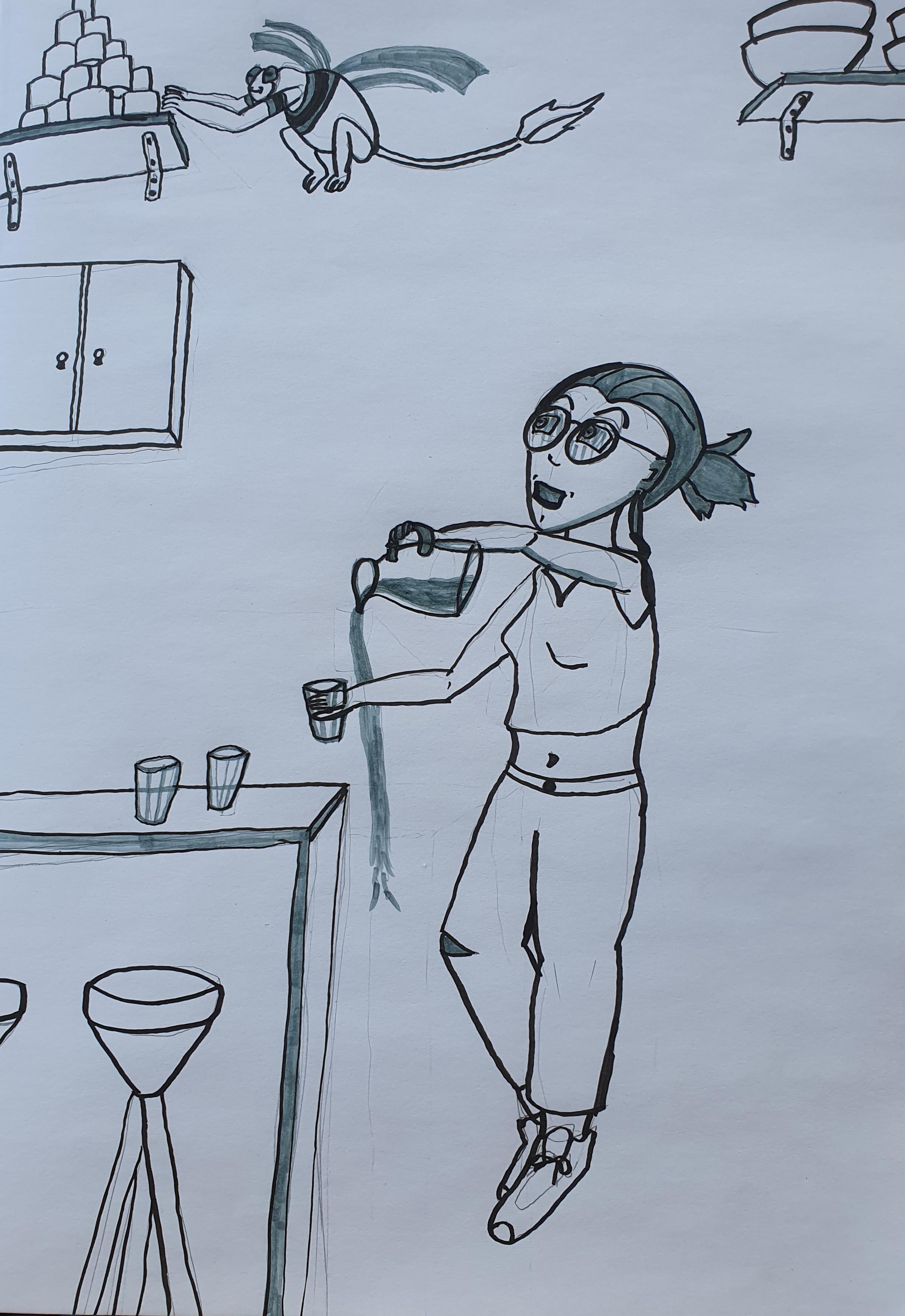 Black and white drawing. A young woman is pouring a glass of water from a decanter. A small imp-like entity is flying above her, about to pull the lowest of a stack of cans from a rack. The woman looks up to it, mouth open, maybe calling something. The distraction causes her to miss the glas, the water flows towards the ground.
