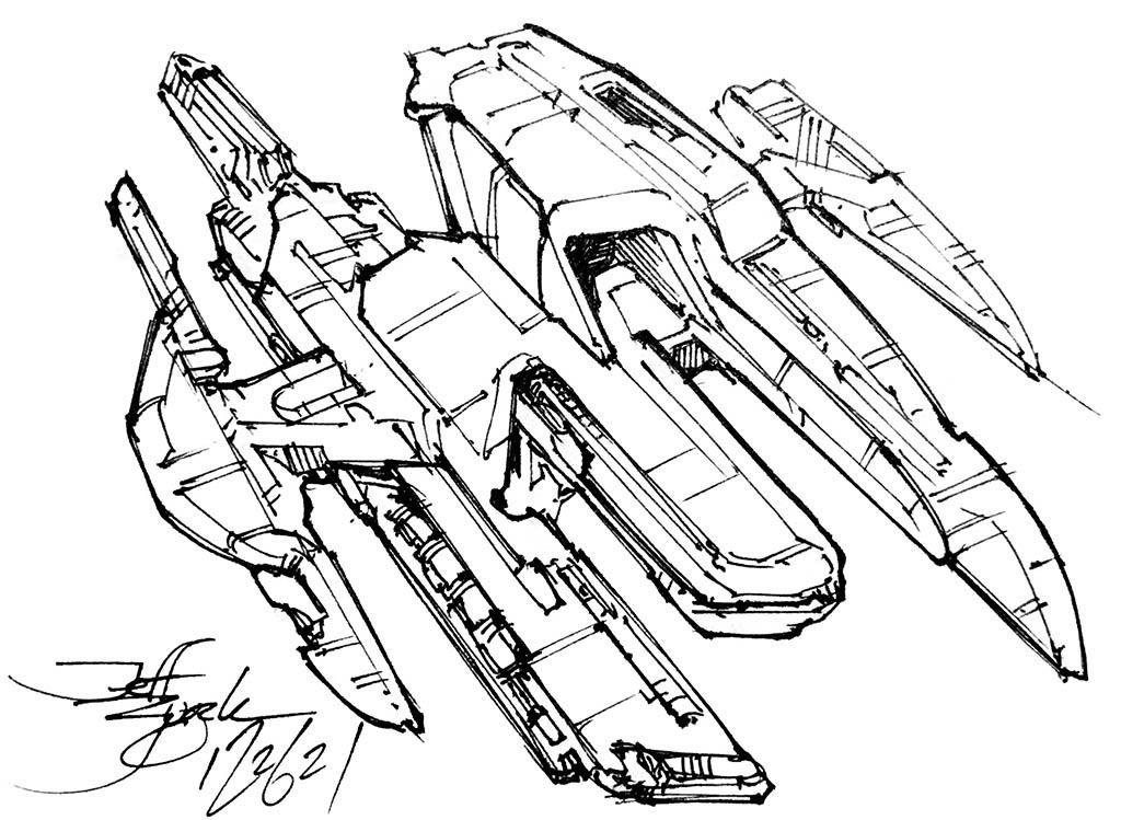 Top forward 3/4 view of one of my fun asymmetrical ships, with 3 inner hulls connected with angular irregular shapes and a pair of asymmetric outriggers. Each section is long and linear and blends in odd places. A large square intake straddles the connector to the left hull.