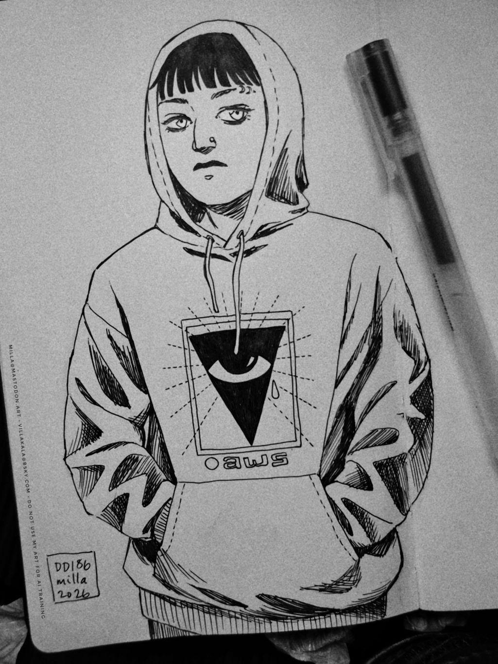 Sketchbook drawing of a cool-looking nonbinary person. They're wearing a hoodie with an inverted triangle and eye print on the front, hood up and hands deep in the pocket. They have eyebrow and nose piercings, dark eyes and straight-cut black bangs peeking from under the hood. The drawing is inked with a black gel pen, and the photo is kinda grainy and moody.